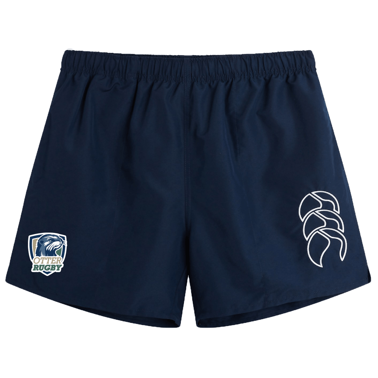 Navy blue EMB Canterbury shorts with an elasticated waistband and a white logo of a rugby ball and fern on the left thigh.