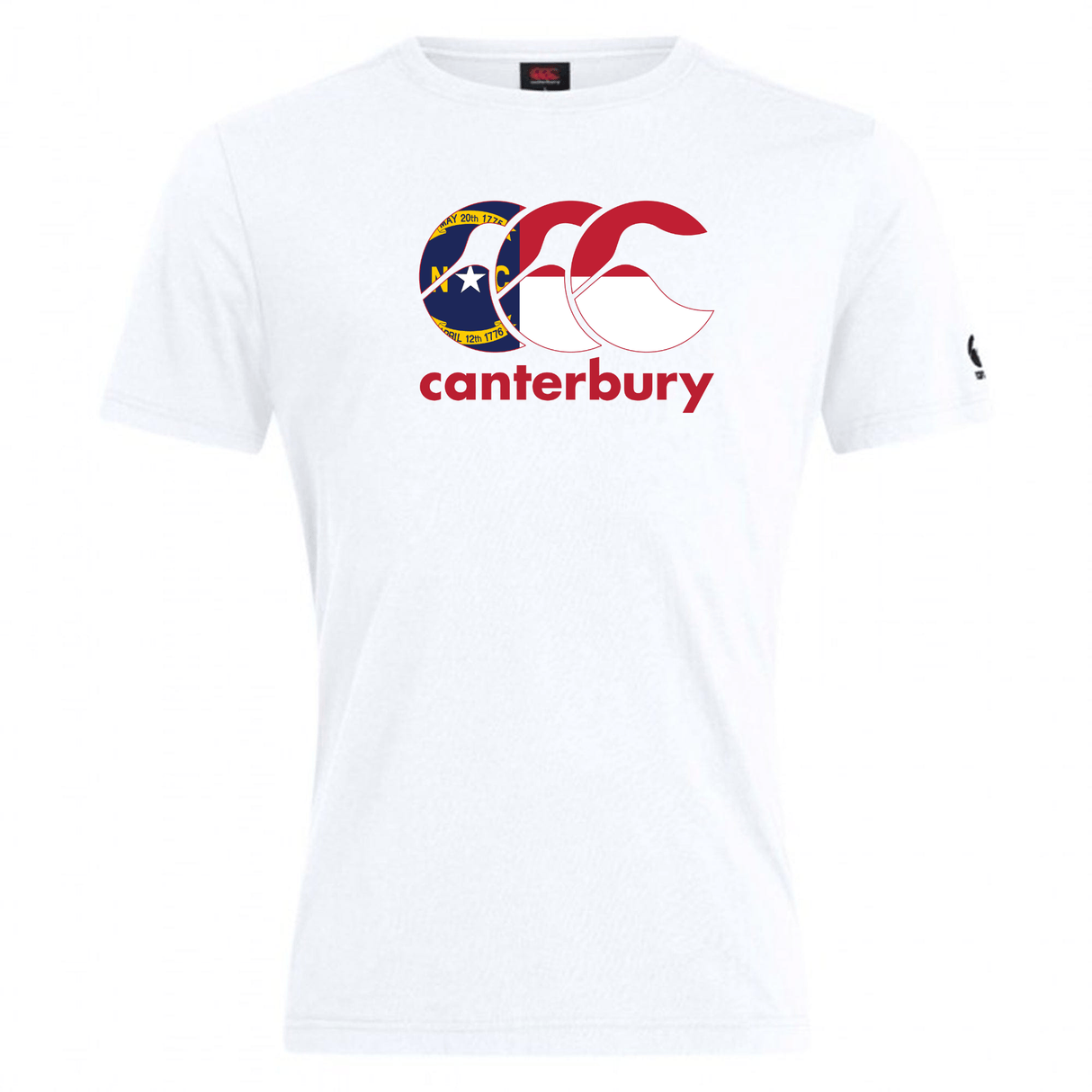 The WRS Canterbury North Carolina CCC Flag Club T-shirt features the iconic CCC Flag Club Tee design with a red Canterbury Kiwi logo, North Carolina state flag seal, and "canterbury" text below.
