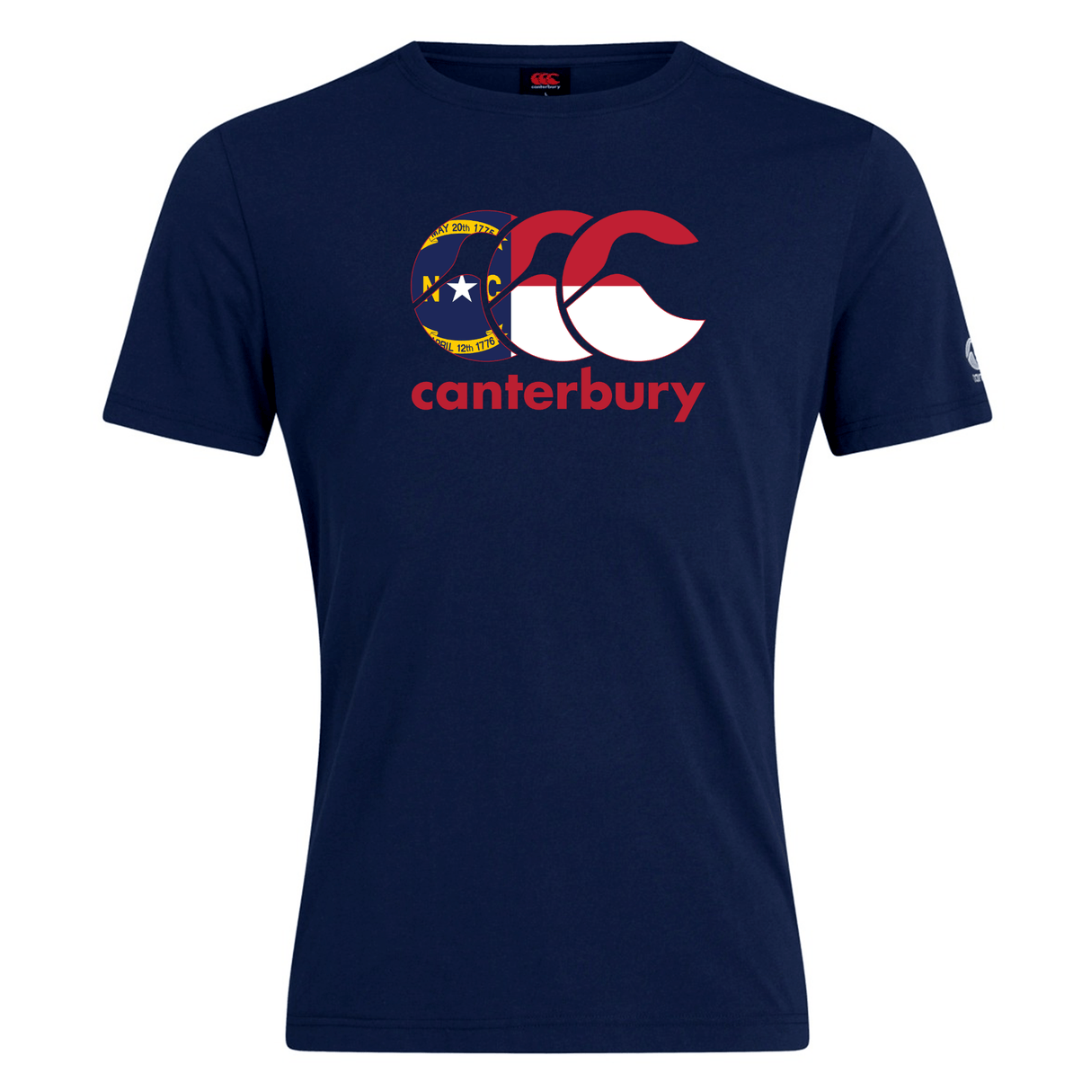 The Canterbury North Carolina CCC Flag Club T-shirt by WRS Canterbury is navy blue, featuring the state flag emblem, red "canterbury" text, and the Canterbury Kiwi Logo on the front.