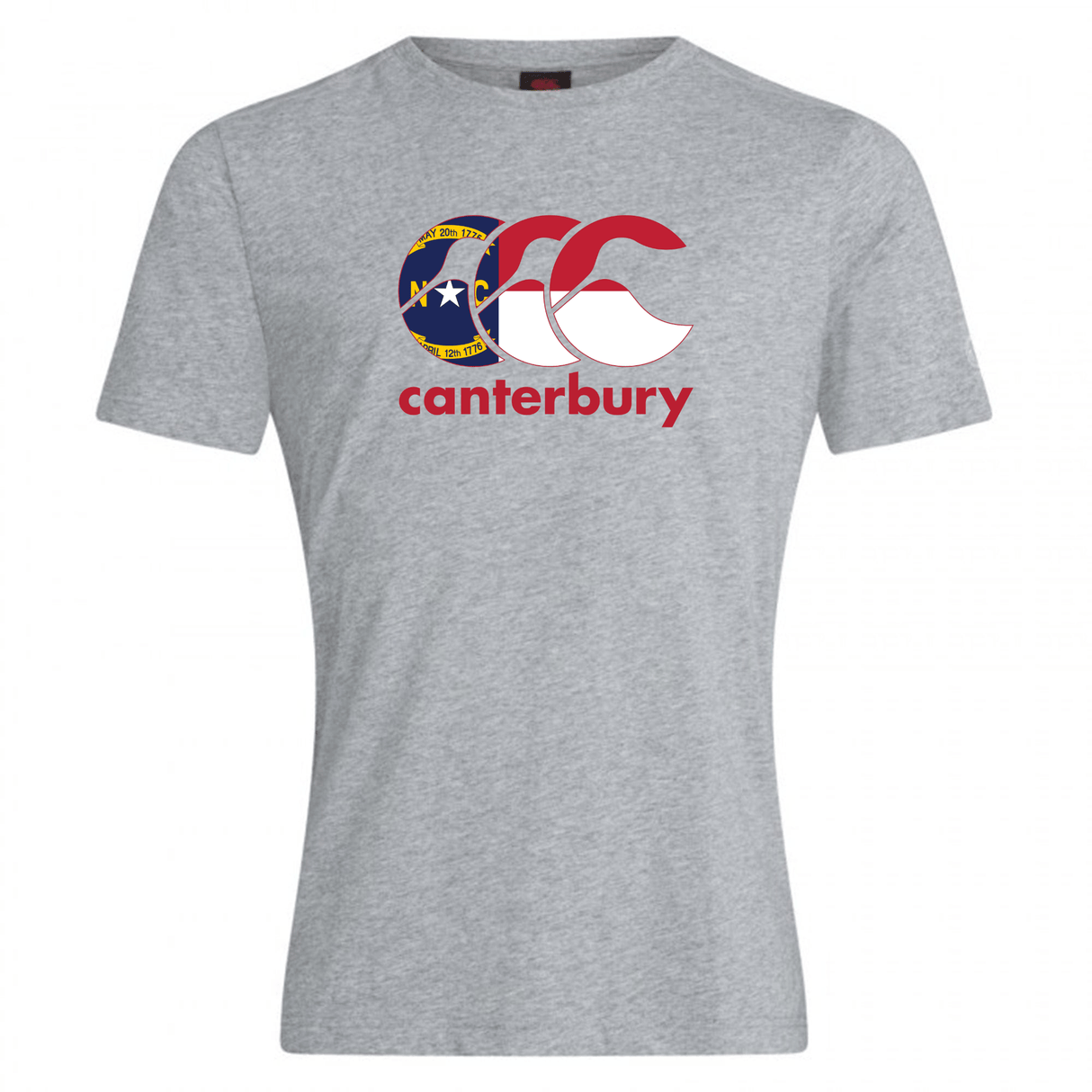 The WRS Canterbury North Carolina CCC Flag Club T-shirt is a grey tee showcasing the iconic Kiwi logo with North Carolina state seal and "canterbury" in red beneath the design.