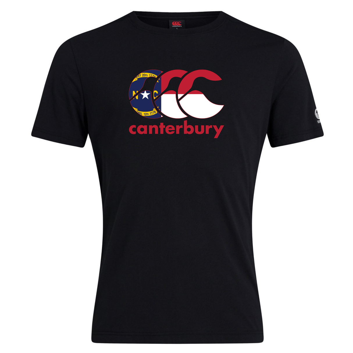 The WRS Canterbury North Carolina CCC Flag Club T-shirt is a black short-sleeve tee featuring the Canterbury Kiwi Logo, the state flag, and red "canterbury" text—a classic club look.