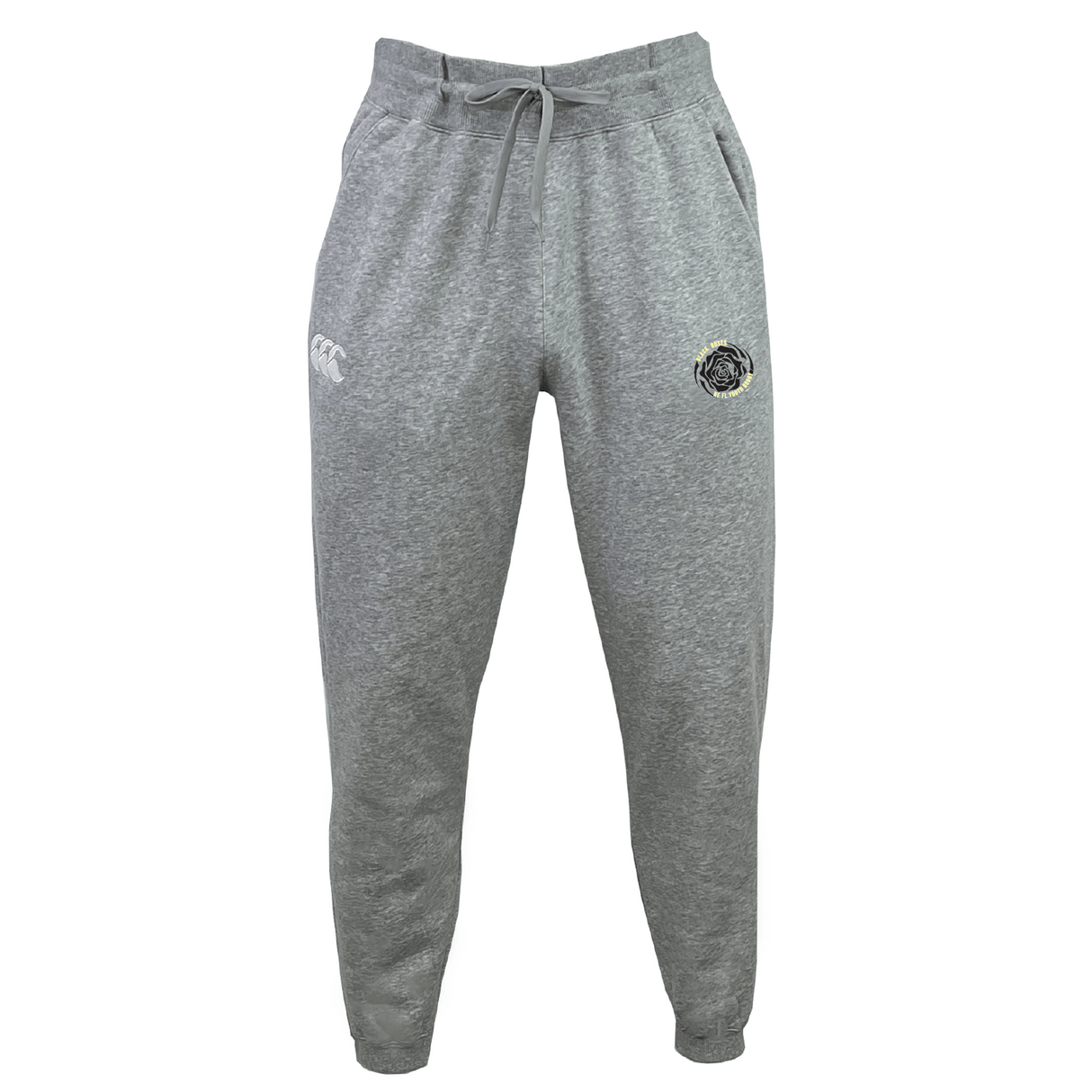 The NE Florida Touch RFC Leisure Sweatpant by EMB Canterbury features a gray color, elastic waistband, drawstring, and embroidered logos on both upper legs. It is crafted from organic cotton and recycled polyester and is showcased against a white background.