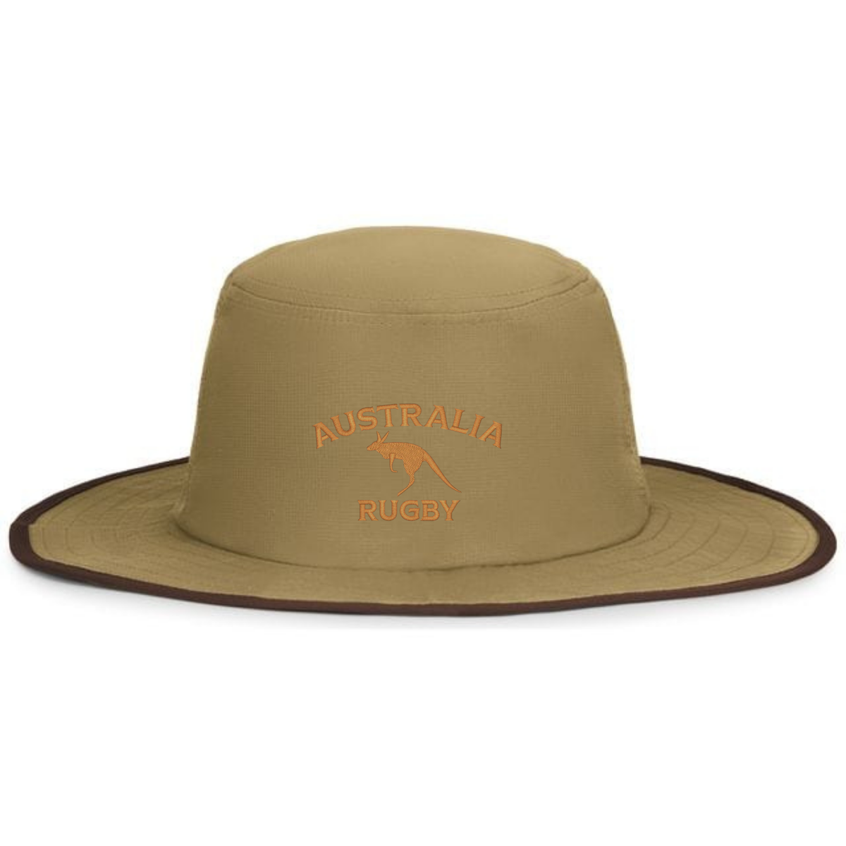 The EMB Augusta Nations of Rugby Australia Rugby Legend Boonie Cap is a khaki wide-brimmed hat with “AUSTRALIA RUGBY” and an orange kangaroo outline—perfect supporter gear for dedicated fans.