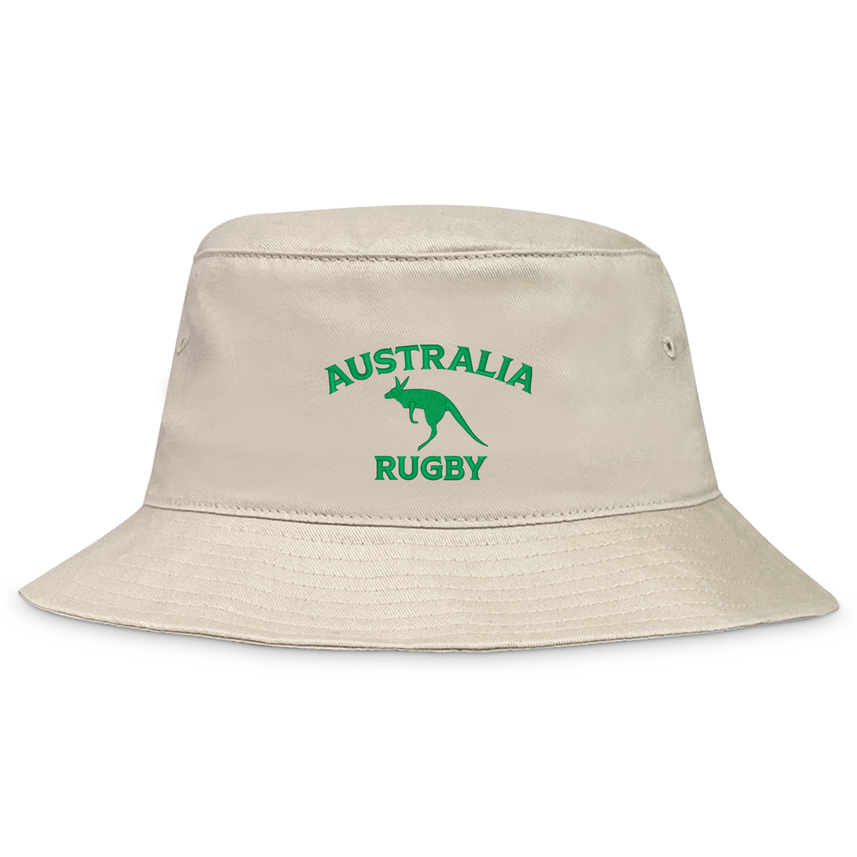 The EMB S&S Activewear Nations of Rugby Australia Rugby Crusher Bucket Hat features beige cotton twill, green "AUSTRALIA RUGBY" text, and a kangaroo graphic—ideal for any rugby supporter.