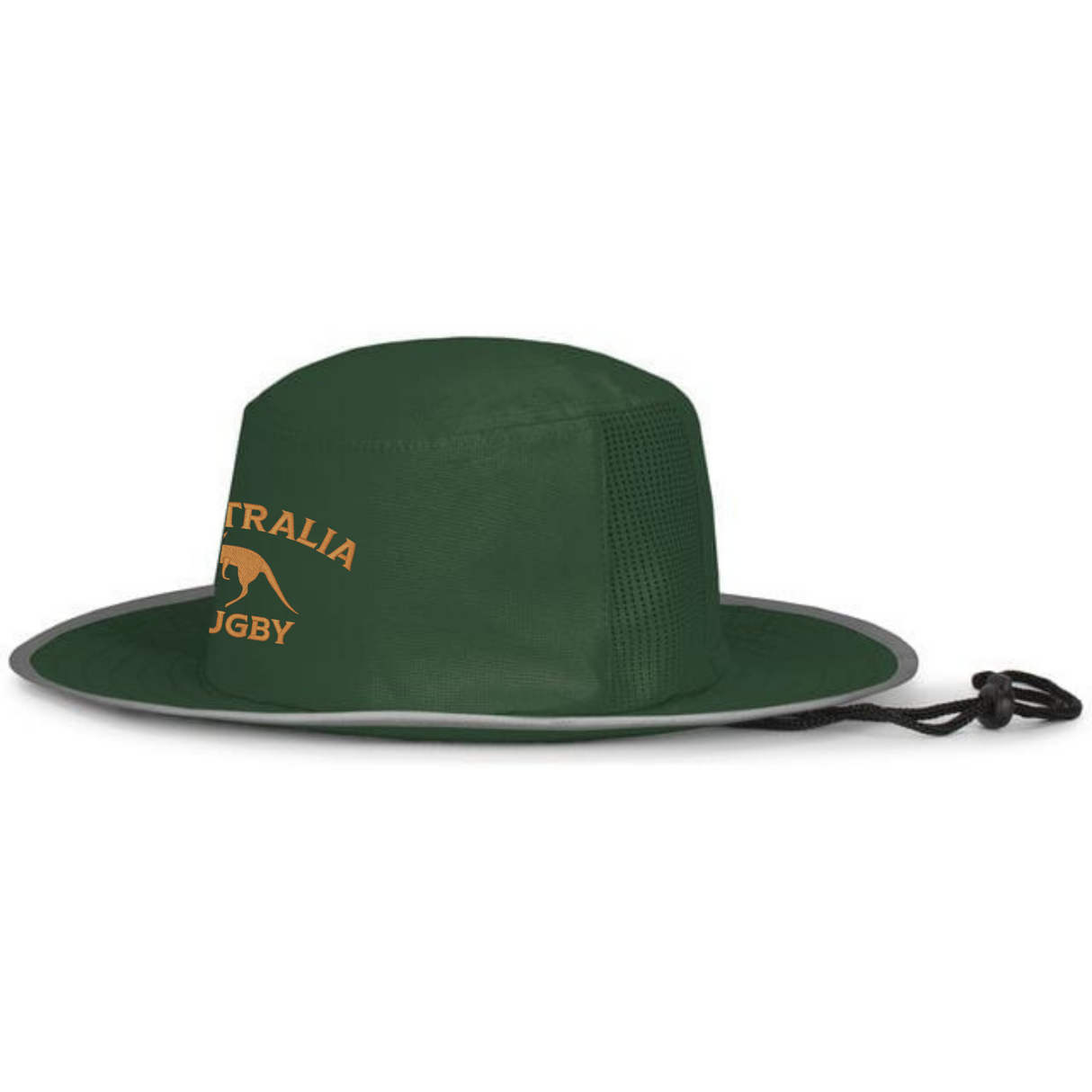 The EMB Augusta Nations of Rugby Australia Rugby Legend Boonie Cap is a dark green wide-brim hat with mesh side panels, chin strap, and an "Australia Rugby" kangaroo logo—ideal supporter gear for any rugby fan.
