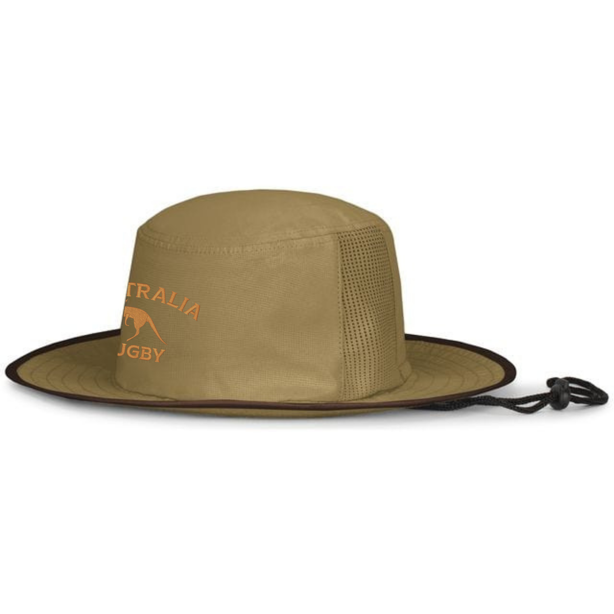 The EMB Augusta Nations of Rugby Australia Rugby Legend Boonie Cap features mesh side panels, dark brown trim, an adjustable chin strap, and an orange "Australia Rugby" logo—perfect supporter gear for any fan.