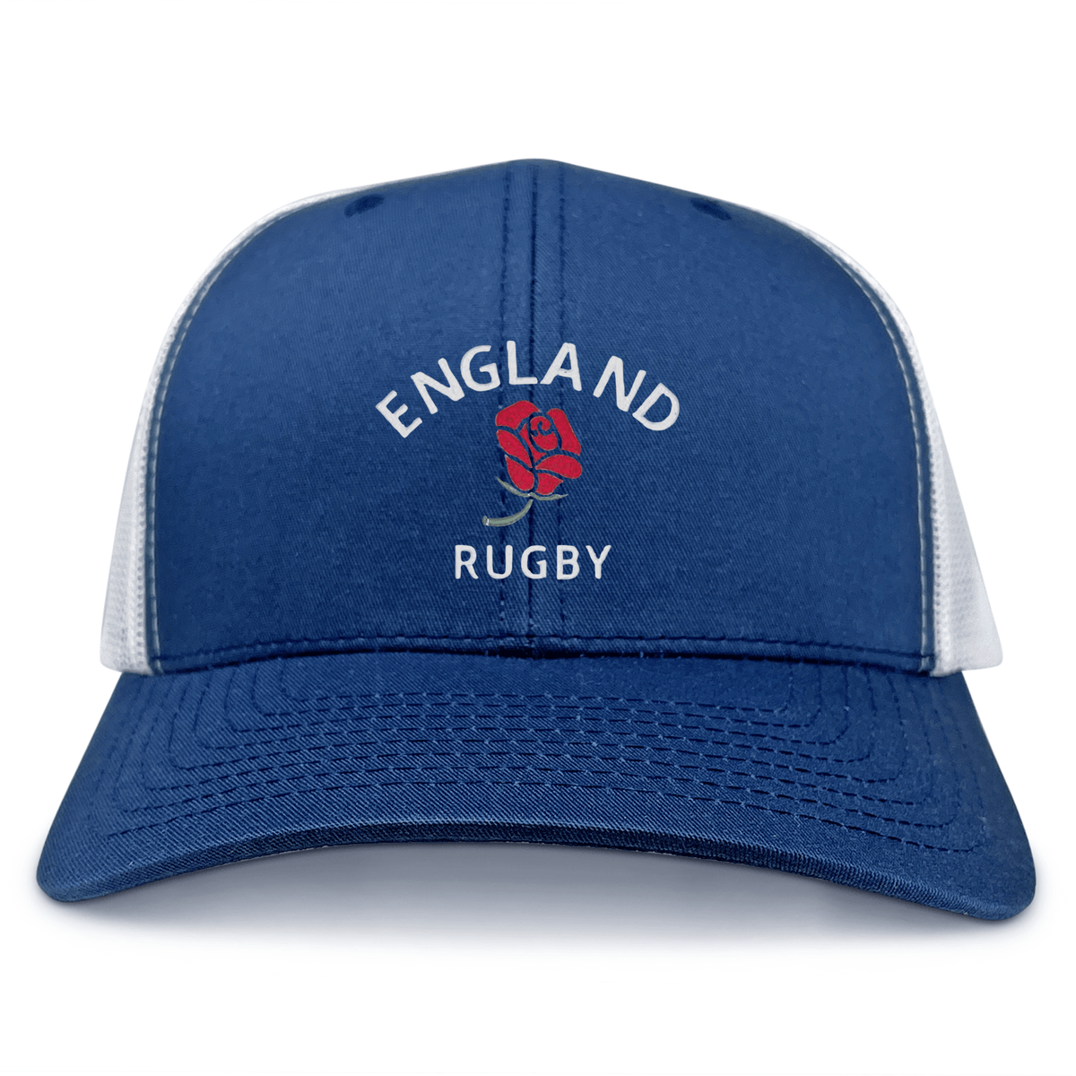 Show your support with the Nations of Rugby England Retro Trucker Cap by EMB S&S Activewear, featuring "ENGLAND RUGBY" text, a red rose emblem, and a snapback closure—ideal for any rugby fan.