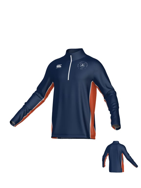 New Saint Andrews College Canterbury Kirra Mid-layer 1/4 Zip navy blue pullover with orange side panels, a white zipper, and logos on the chest.
