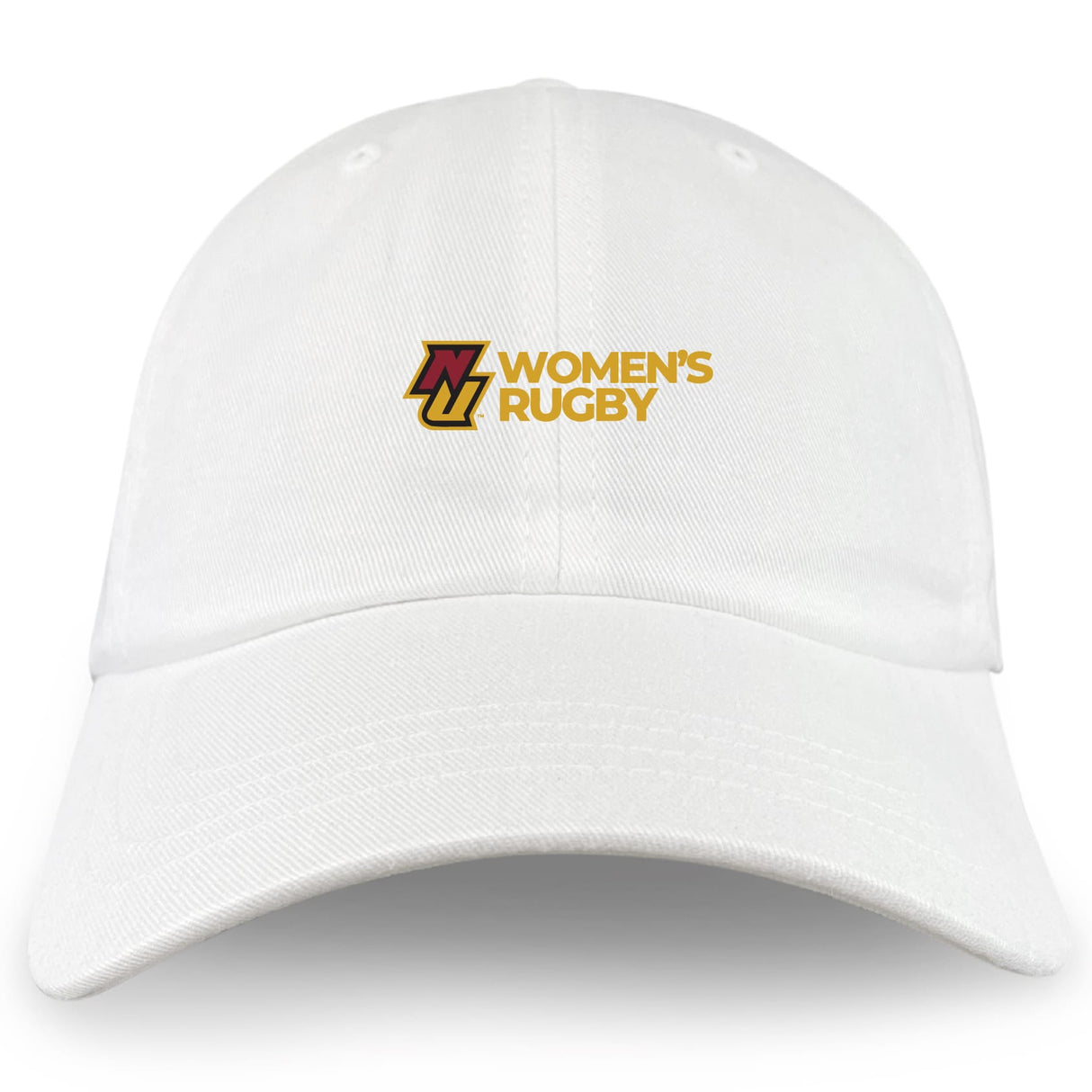 The Norwich University Women's Rugby Dad Cap by EMB S&S Activewear is a white cotton twill cap with “Women's Rugby” and a maroon and gold “N” logo embroidered on the front.