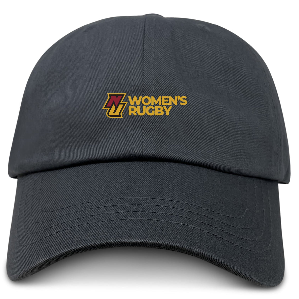 The Norwich University Women's Rugby Adult Low-Profile Cotton Twill Dad Cap by EMB S&S Activewear is a black dad cap with an embroidered yellow and maroon "N Women's Rugby" logo on the front.