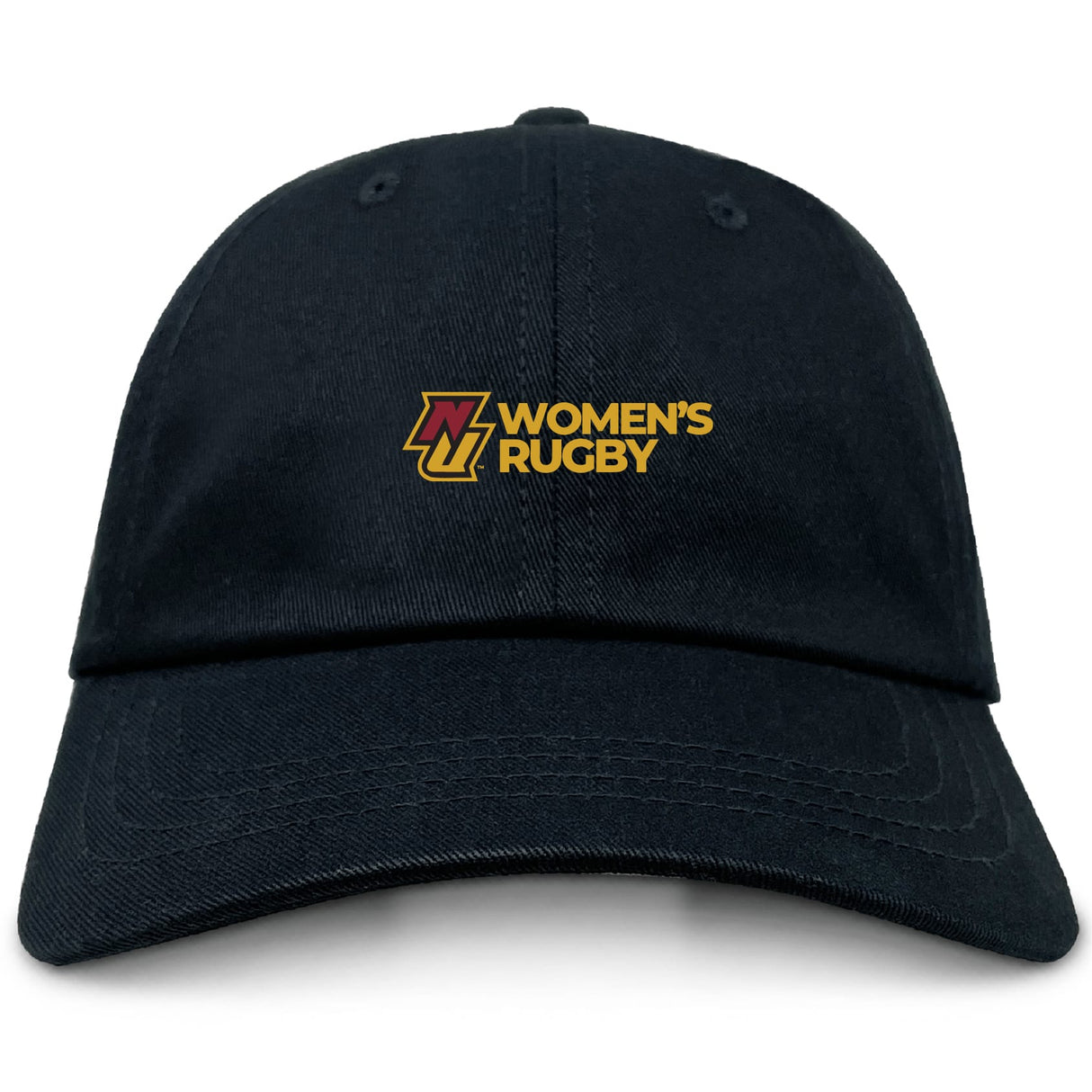 The Norwich University Women's Rugby Adult Low-Profile Cotton Twill Dad Cap by EMB S&S Activewear is a black hat with embroidered "Women's Rugby" team branding in yellow and maroon on the front.