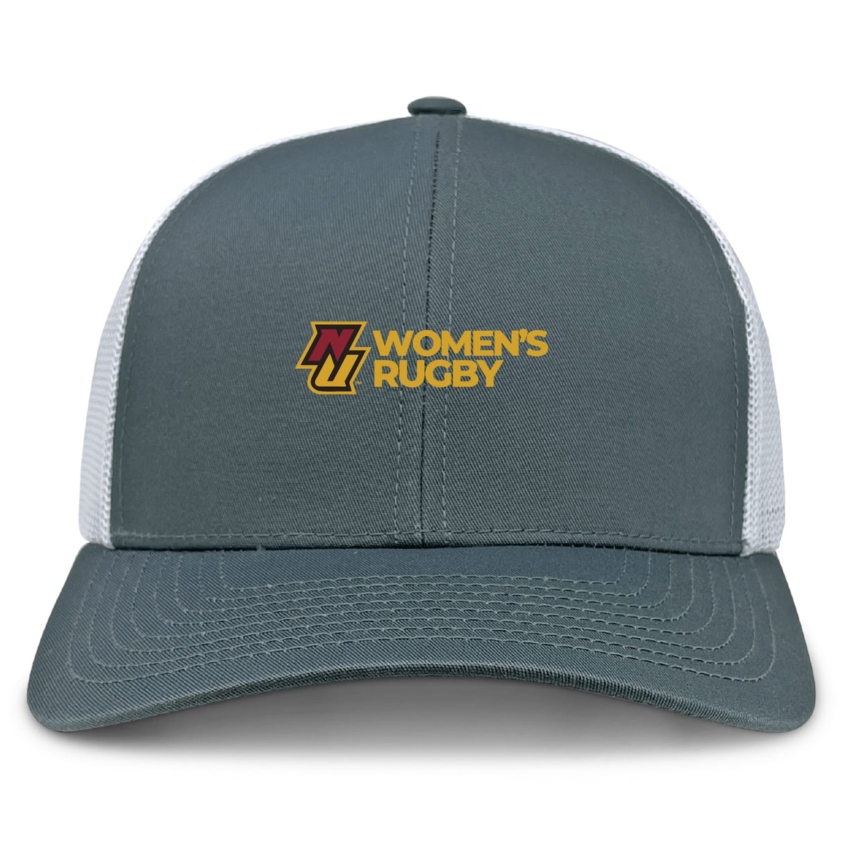 The EMB S&S Activewear Norwich University Women's Rugby Retro Trucker Cap features a grey and white design, embroidered “Women’s Rugby” text, a yellow and maroon front logo, and a snapback closure.