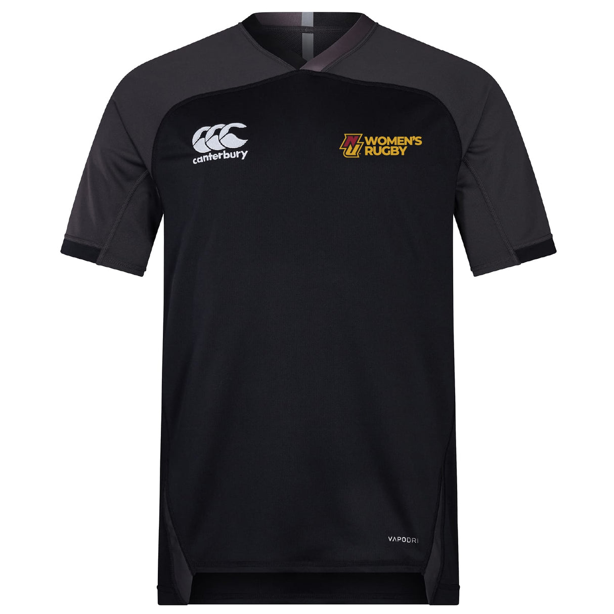 The Norwich University Women's Rugby Vapodri Evader Jersey by EMB Canterbury is a black short-sleeve rugby jersey with moisture-wicking tech, the Canterbury logo on the right chest, and "Women's Rugby" text and emblem on the left chest.