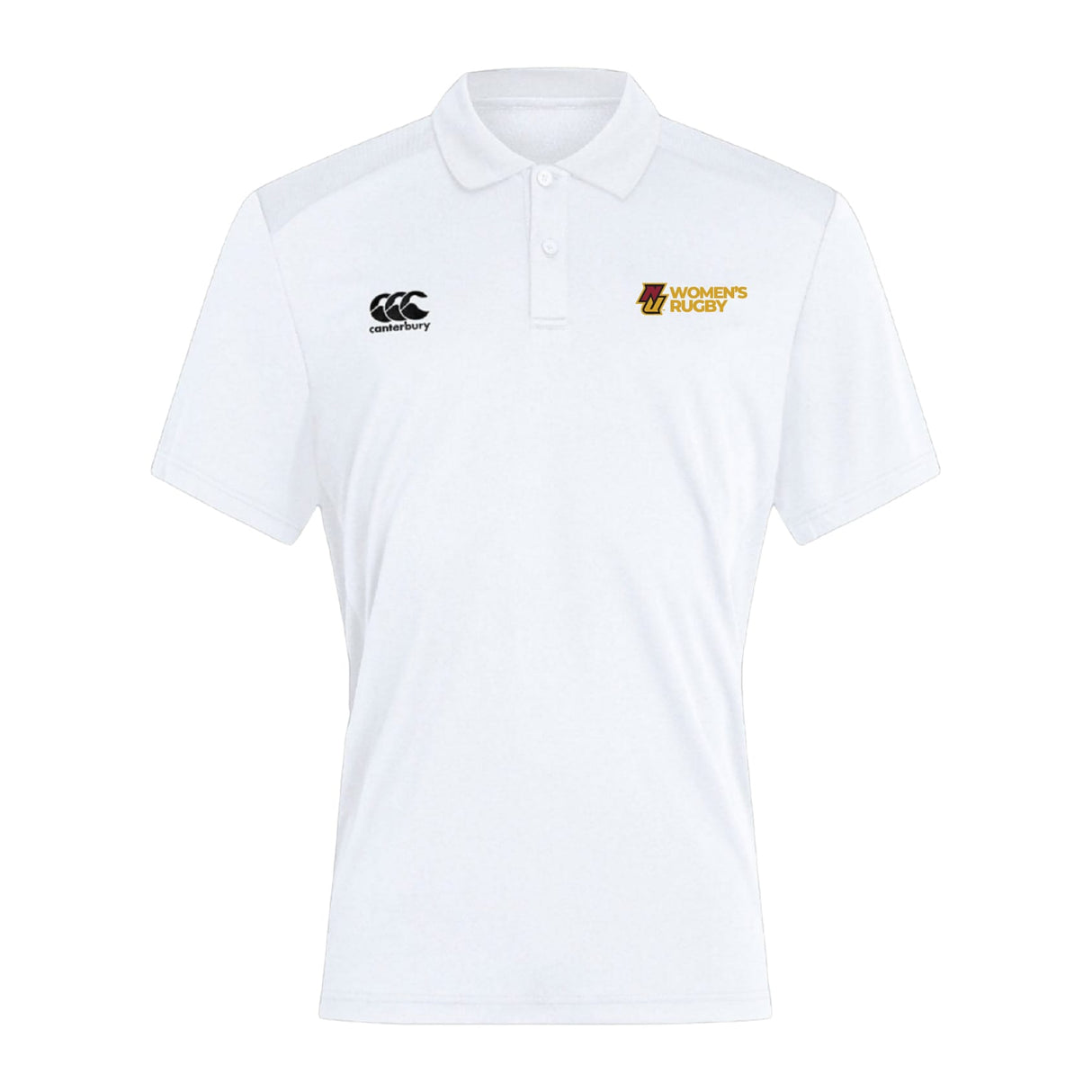 The Norwich University Women's Rugby Club Dry Polo by EMB Canterbury is a white, breathable polo with the Canterbury logo on the right chest and a yellow "Women's Rugby" logo on the left.