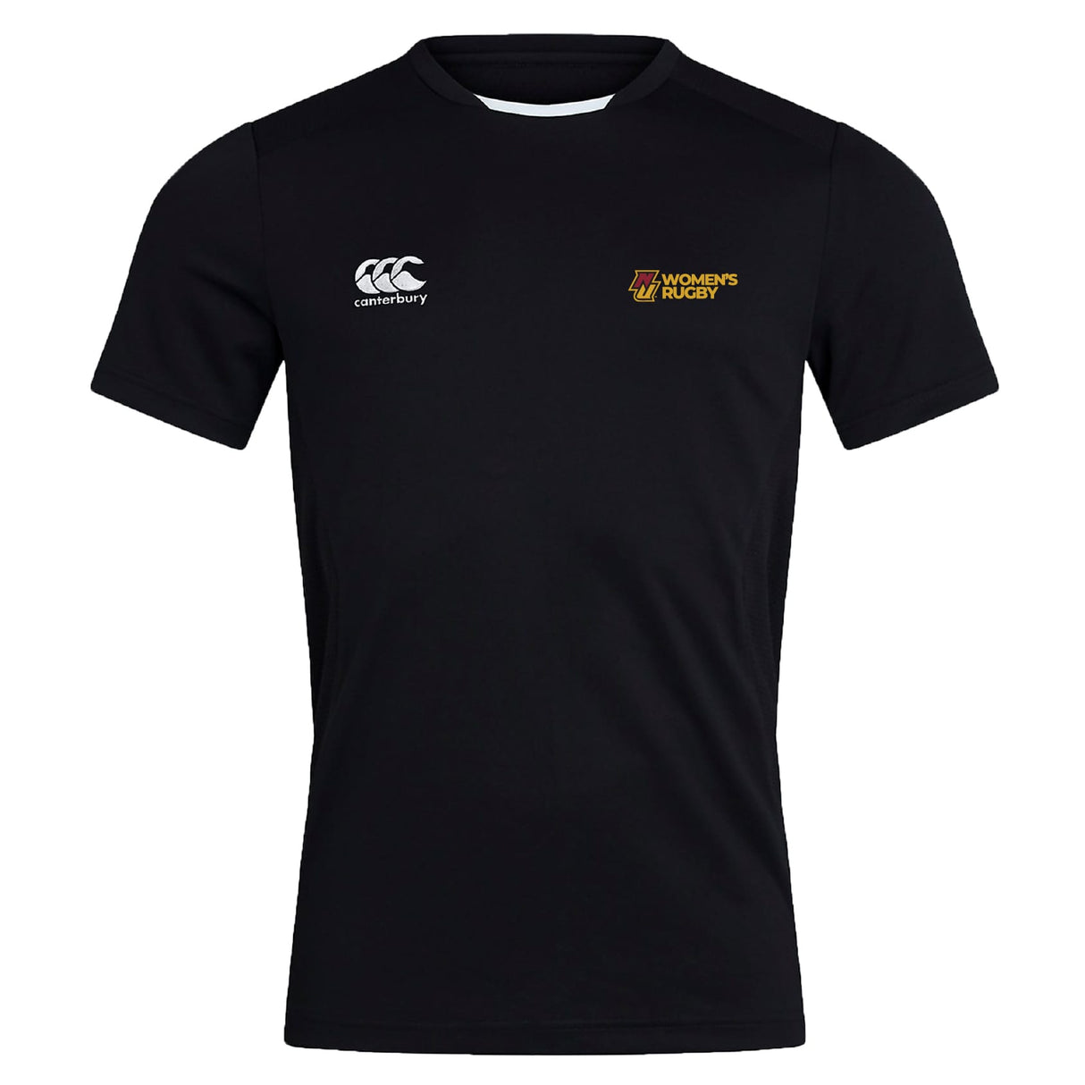The Norwich University Women's Rugby Club Dry Tee by EMB Canterbury features a black short-sleeve design with Vapodri Technology, "Canterbury" logo on the left chest, and "Women's Rugby" logo on the right. Shown on a white background.