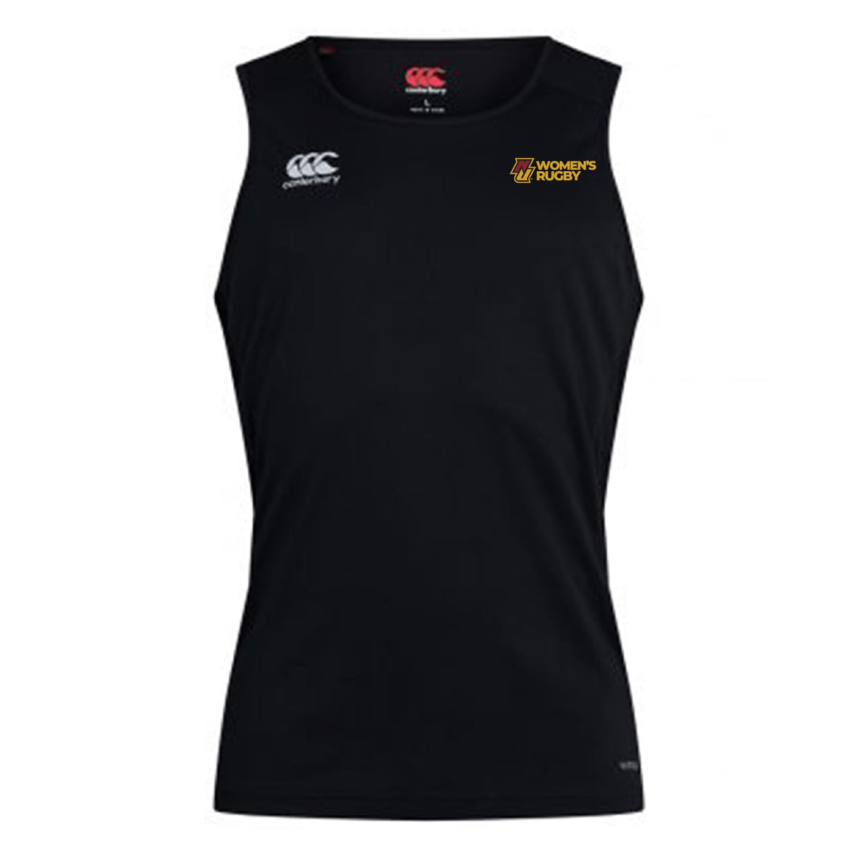The EMB Canterbury Norwich University Women's Rugby Club Dry Singlet is a sleeveless black athletic top with "Women's Rugby" and Canterbury logos, featuring Vapodri Technology for comfort and breathability.