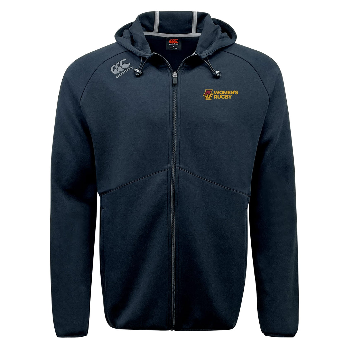 The Norwich University Women's Rugby Tempo Vapodri Full-Zip Hoodie by EMB Canterbury is a black zip-up hoodie with a hood, drawstrings, CCC VapoDri tech, the Canterbury logo on the right chest, and "Women’s Rugby" on the left chest.