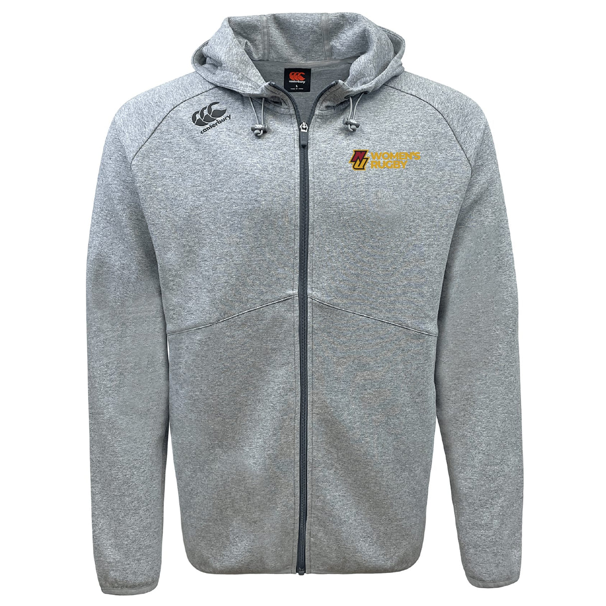 The Norwich University Women's Rugby Tempo Vapodri Full-Zip Hoodie by EMB Canterbury is a light gray hoodie with a hood, drawstrings, black and yellow chest logos, and moisture-wicking VapoDri fabric for all-day comfort.