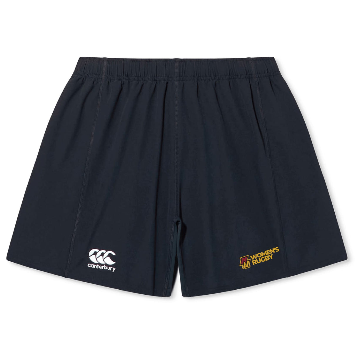 The Norwich University Women's Rugby Yokohama Short by EMB Canterbury is a pair of black rugby shorts with a lightweight, durable design, Canterbury logo on the left leg, and women’s rugby logo on the right.