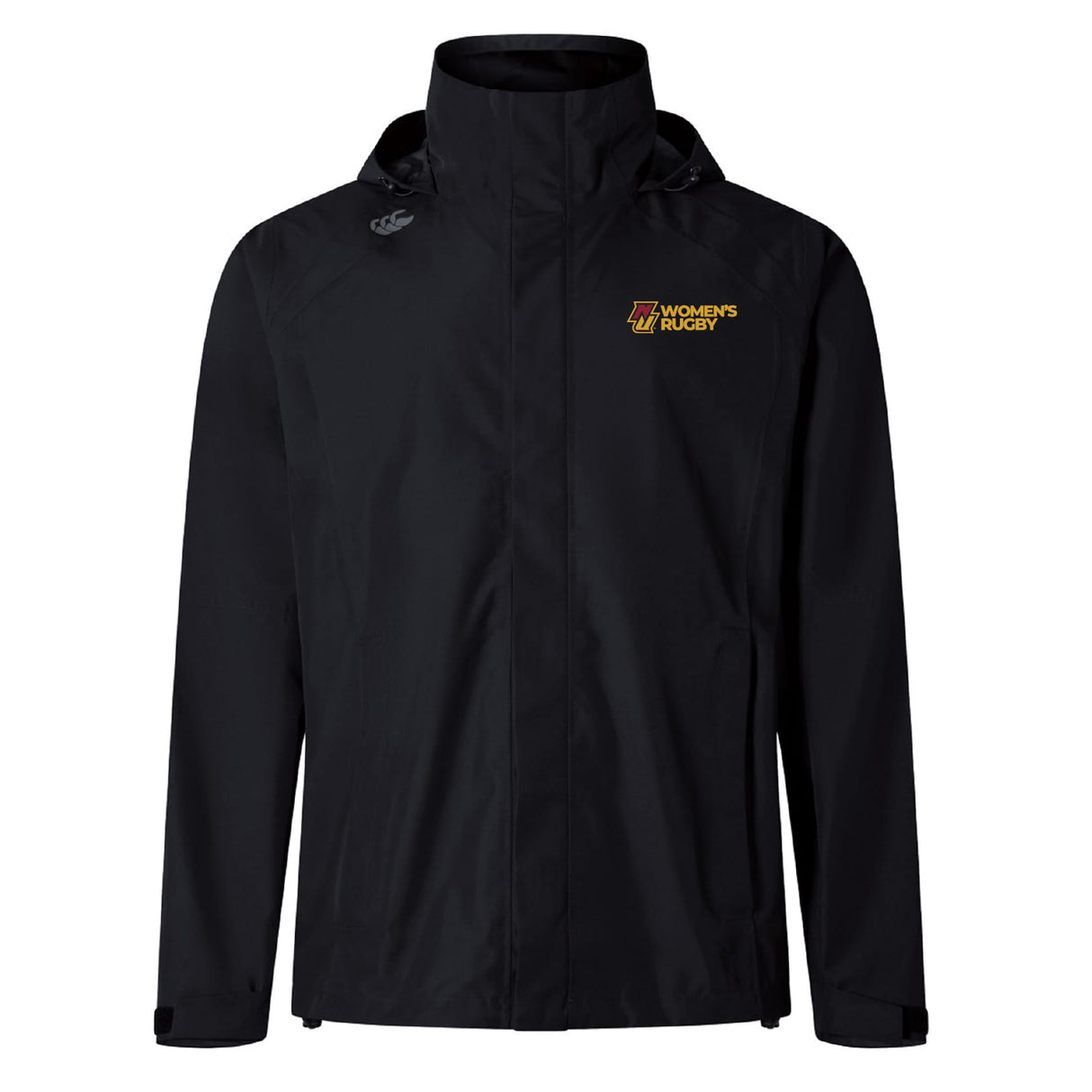 The Norwich University Women's Rugby Elite Storm Jacket by EMB Canterbury is a black, hooded, breathable jacket featuring "Women's Rugby" and a yellow logo on the left chest, plus a white logo on the right shoulder. Displayed on a plain background.