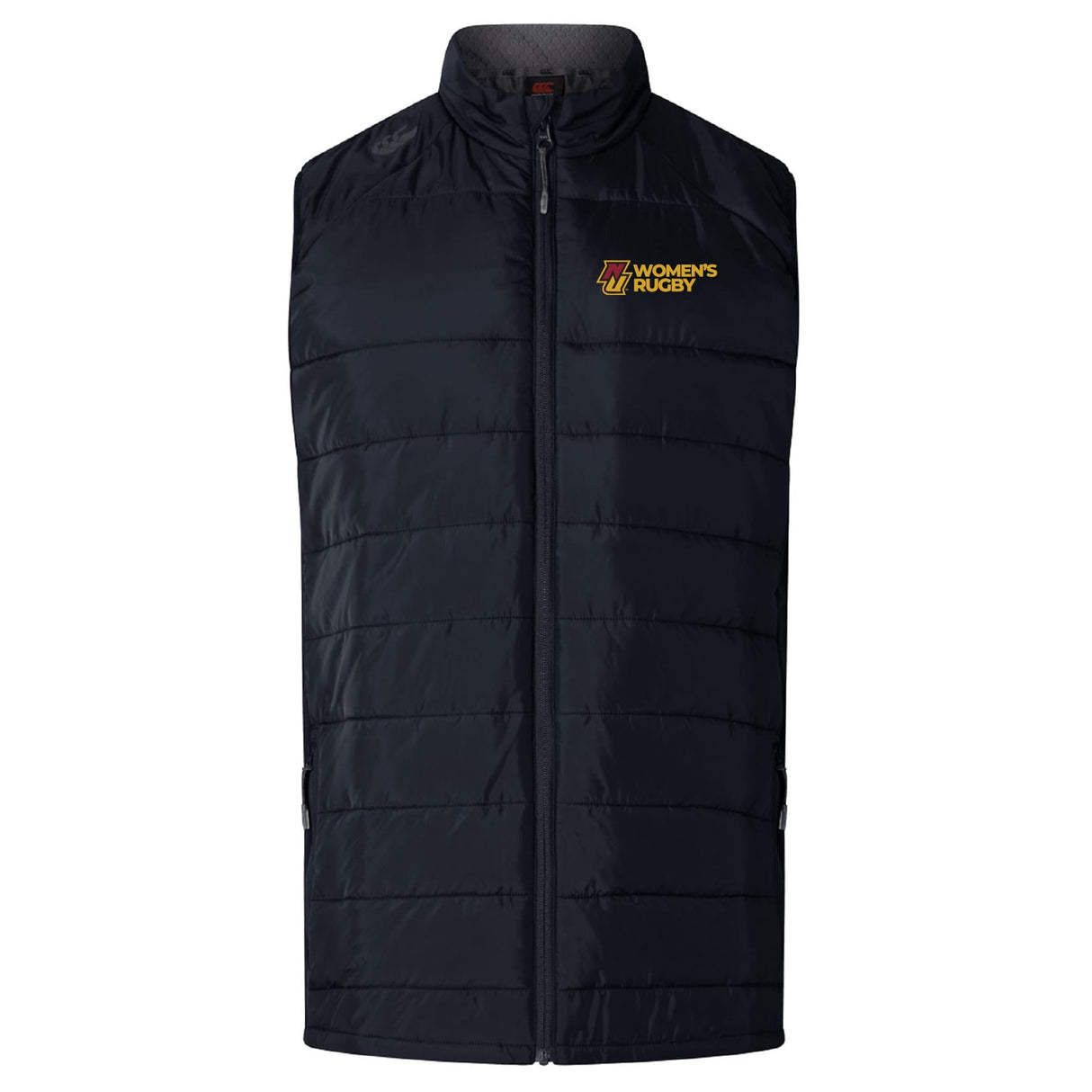 The Norwich University Women's Rugby Elite Microlite Gilet by EMB Canterbury is a black, sleeveless, insulated vest with a zip front and yellow/red "Women's Rugby" logo—perfect for layering and showing your rugby pride.