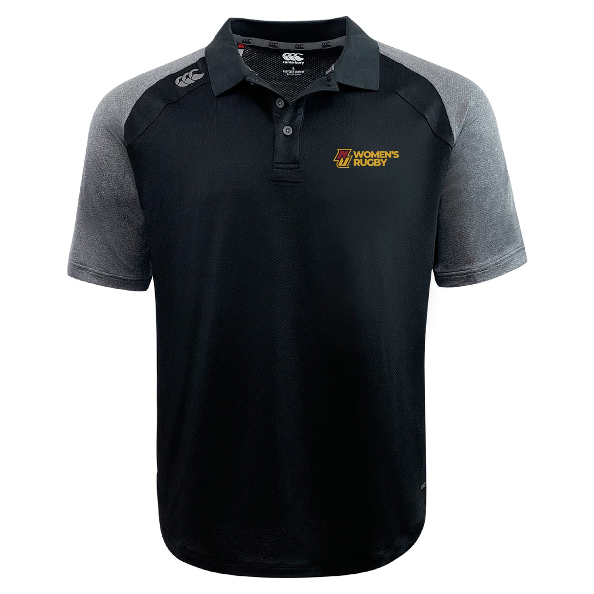 The Norwich University Women's Rugby Elite Polo by EMB Canterbury features Vapodri fabric, a "Women's Rugby" logo on the left chest, and the Canterbury logo on the right shoulder for lightweight comfort.