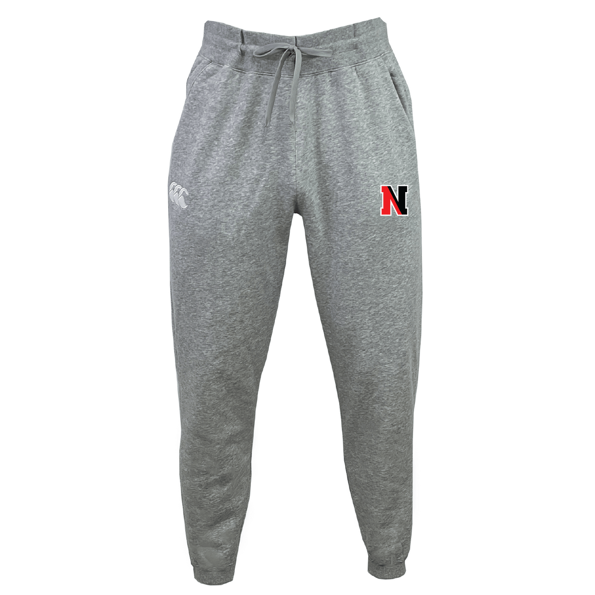 The Northeastern University Rowing Leisure Sweatpant by EMB Canterbury, made from recycled polyester and organic cotton, comes in gray with a drawstring waistband. It features a red and black "N" logo on the right side and a white logo on the left.