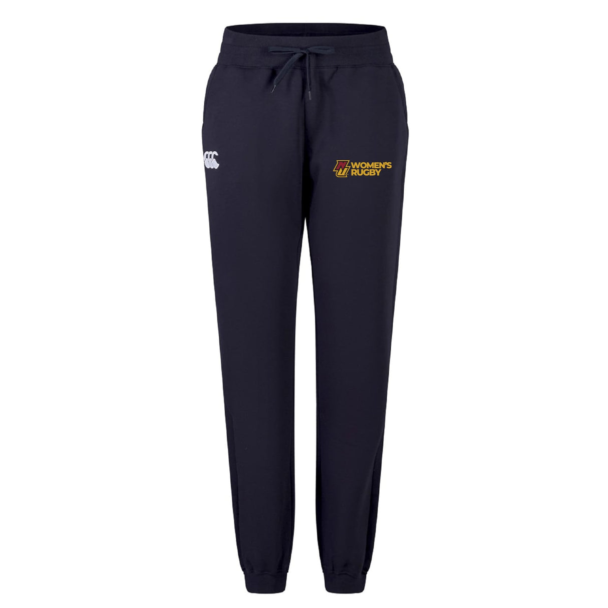 The Norwich University Women's Rugby Leisure Sweatpant by EMB Canterbury features a drawstring waist, cuffed ankles, "CCC" logo left side, and "Women's Rugby" in yellow on the right—ideal for stylish comfort.