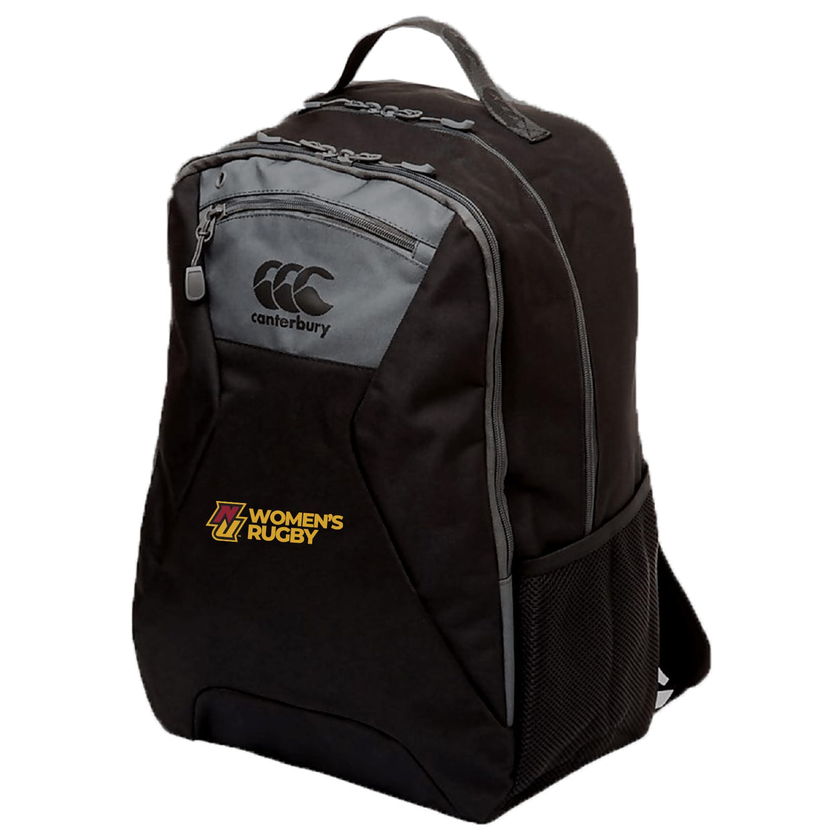 The Norwich University Women's Rugby Medium Backpack by EMB Canterbury is black with gray accents, water repellent, features a zippered front pocket, mesh side pocket, and has an embroidered "Women's Rugby" logo—great for athletes.