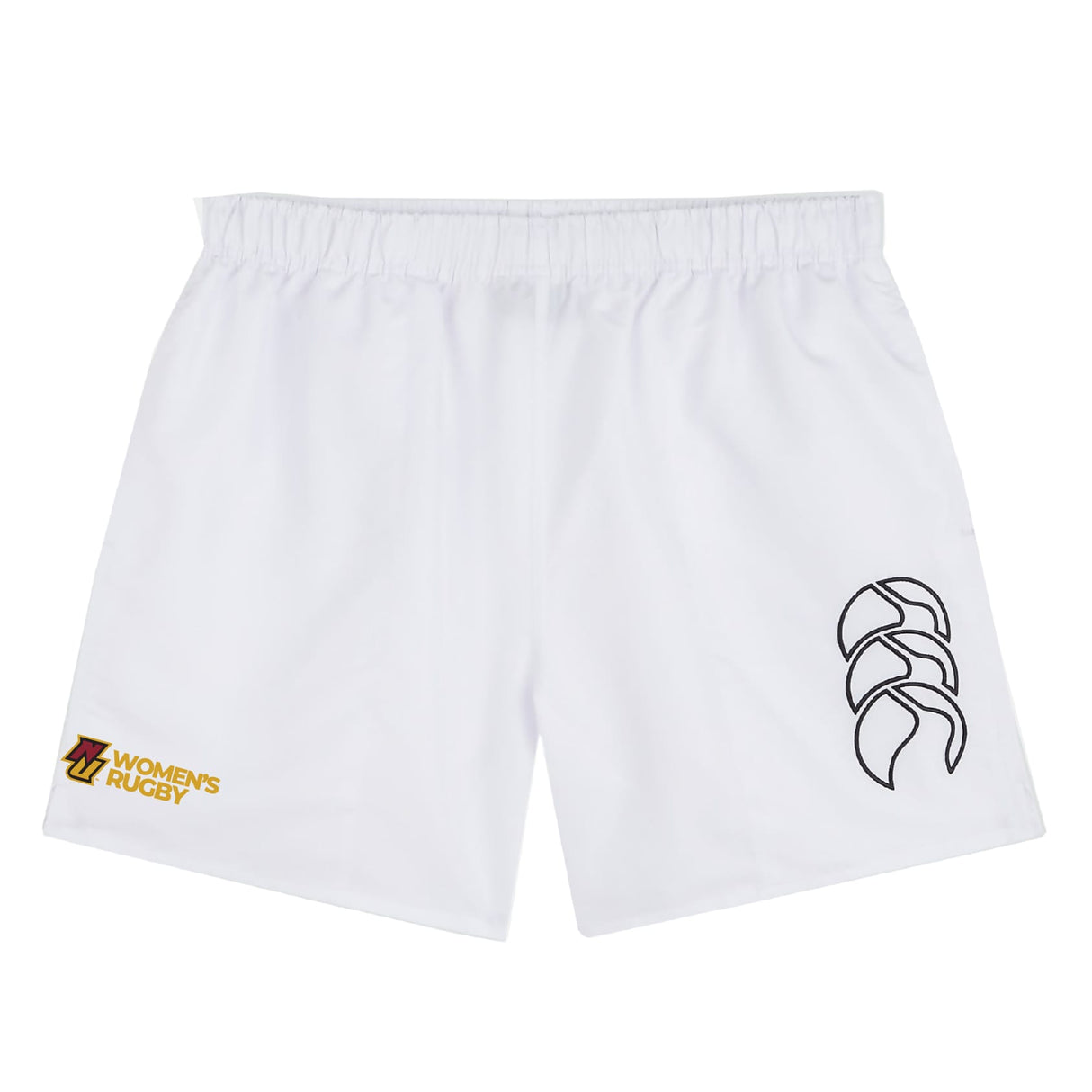 The Norwich University Women's Rugby Tactic Short by EMB Canterbury features a lightweight design, elastic waistband, black logo on the right leg, and a gold "Women's Rugby" badge—classic gym shorts inspired by Canterbury athletic wear.