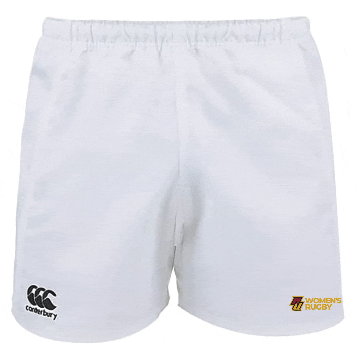 The Norwich University Women's Rugby Professional Polyester Rugby Short by EMB Canterbury features an elastic waistband and front logos of EMB Canterbury and Norwich University Women’s Rugby.