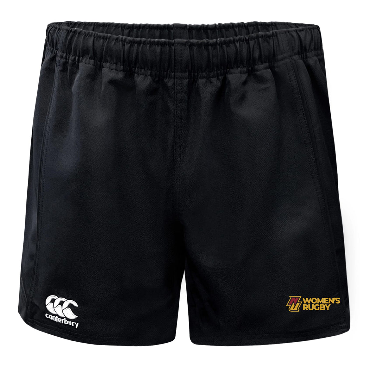 Norwich University Women's Rugby Advantage Shorts by EMB Canterbury feature an elastic waistband and sport Canterbury and women's rugby logos on the front.