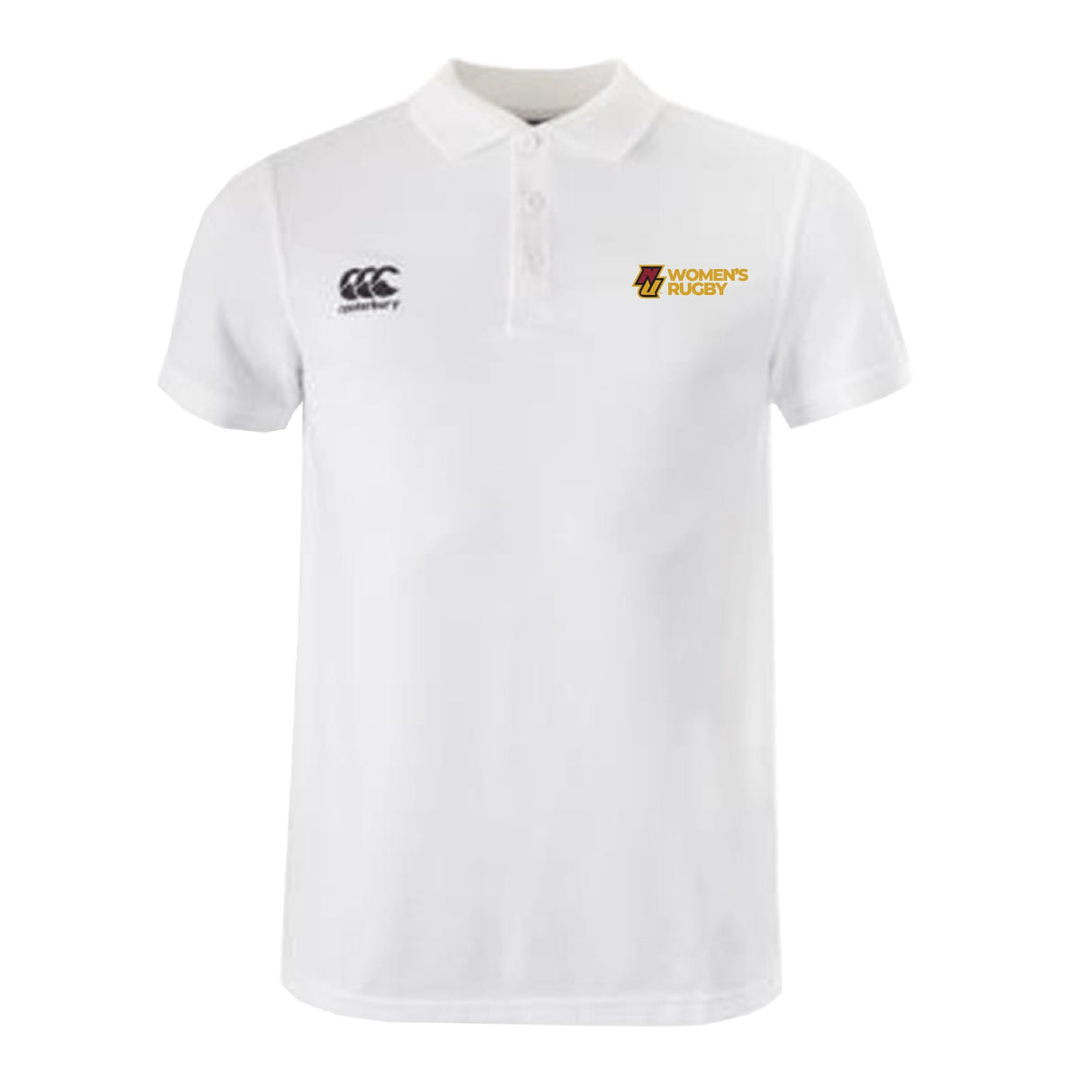 The Norwich University Women's Rugby Waimak Polo by EMB Canterbury features short sleeves, a collar with buttons, the classic Canterbury logo on the left chest, and a "Women's Rugby" logo on the right—ideal for rugby fans.