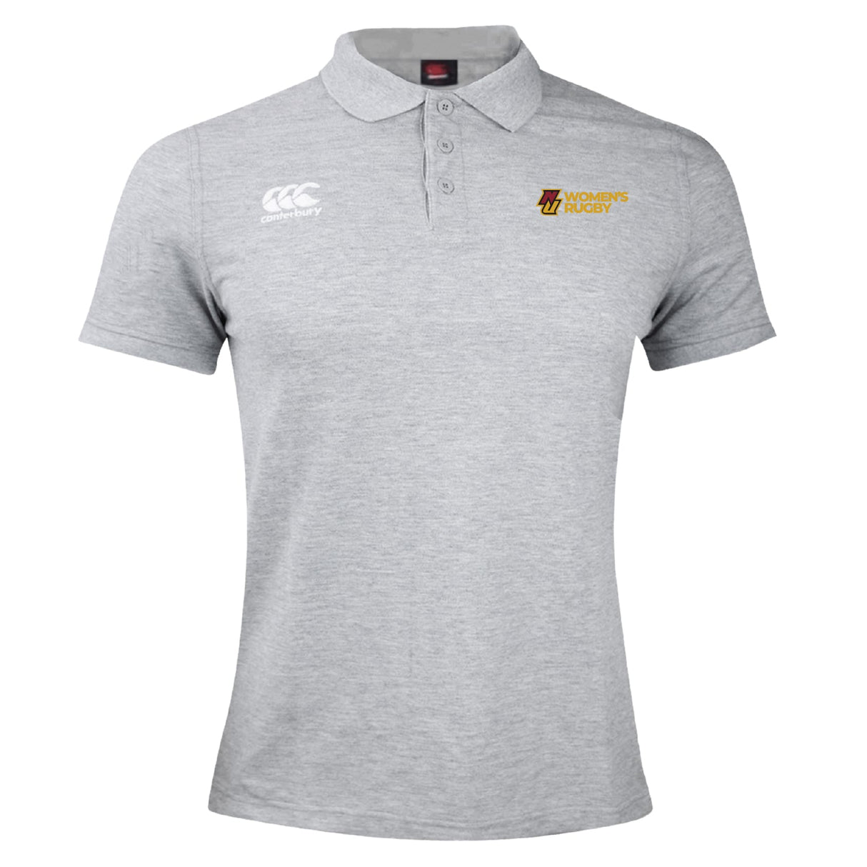 The Norwich University Women's Rugby Waimak Polo by EMB Canterbury features light grey short sleeves, a collar with three buttons, and white Canterbury and gold Women's Rugby logos—ideal for rugby fans.