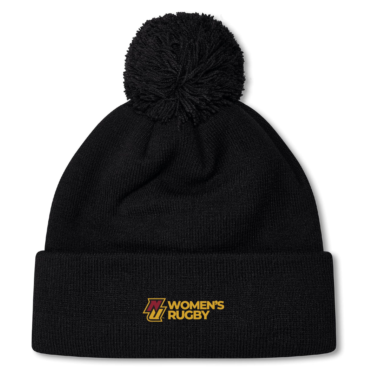 The Norwich University Women's Rugby Pom Pom Beanie by EMB Canterbury is a black knit hat with a pom-pom and "N Women's Rugby" embroidered in yellow and red, perfect for showing team spirit.