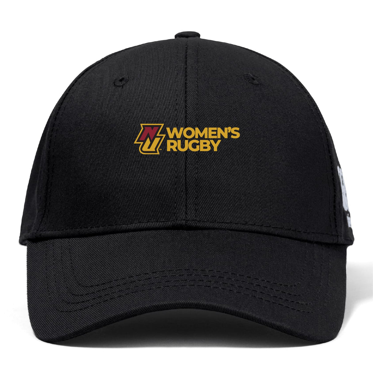The Norwich University Women's Rugby Flexfit Drill Cap by EMB Canterbury features a black flexfit design with "Women's Rugby" and a maroon and gold embroidered "N" logo on the front.
