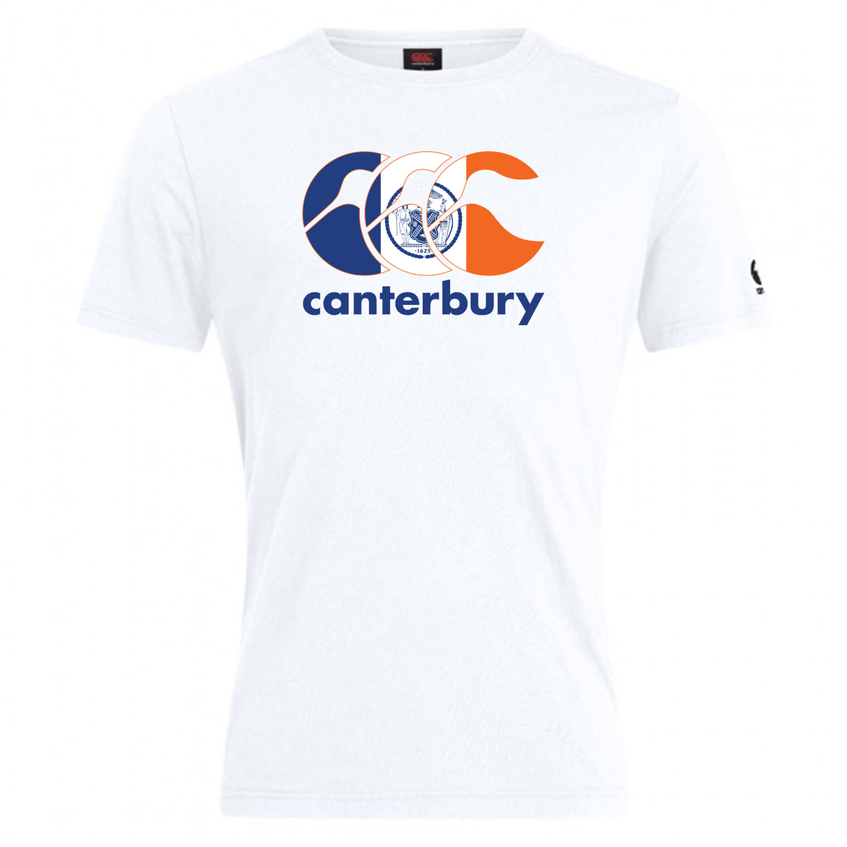 The Canterbury New York CCC Flag Club T-shirt by WRS Canterbury features the iconic logo in blue and orange with "canterbury" below—perfect for Flag Club events or as a standout New York rugby shirt.