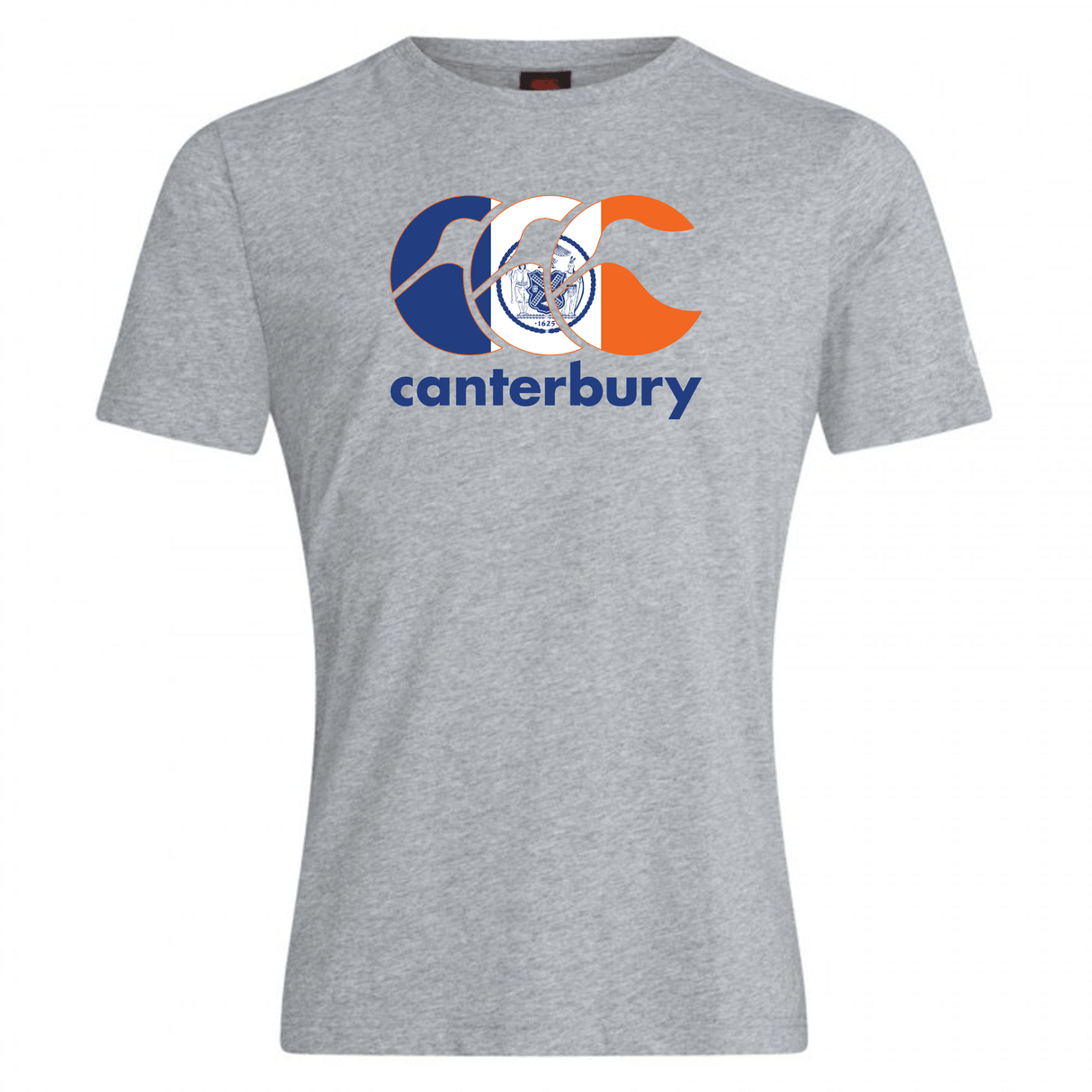 The Canterbury New York CCC Flag Club T-shirt by WRS Canterbury is a grey short-sleeve rugby tee with a large blue and orange "CCC" logo and "canterbury" text on the chest.