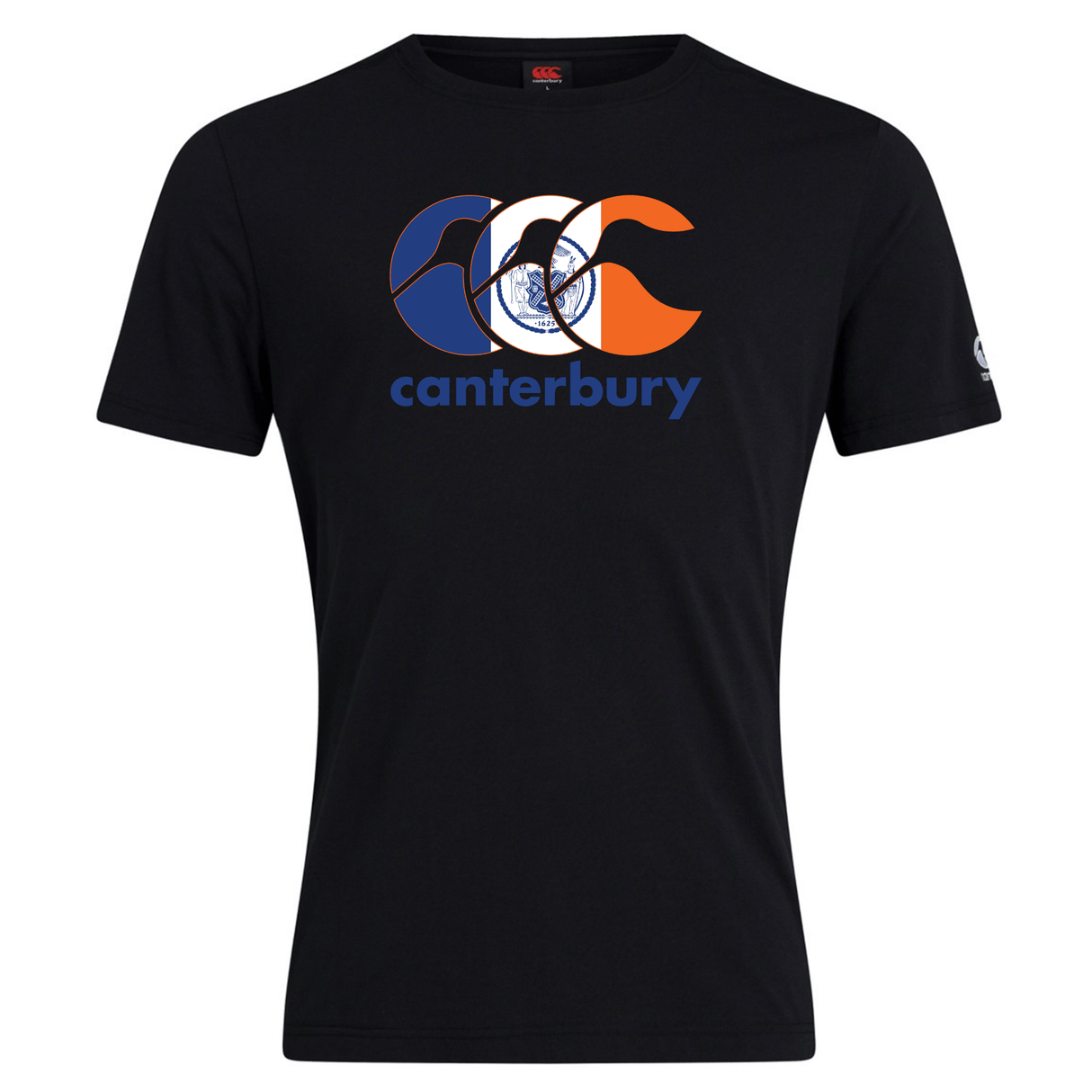 The Canterbury New York CCC Flag Club T-shirt by WRS Canterbury is a black short-sleeve rugby tee with a blue, white, and orange "CCC" logo and "canterbury" text—perfect for any CCC Flag Club or New York rugby shirt collector.