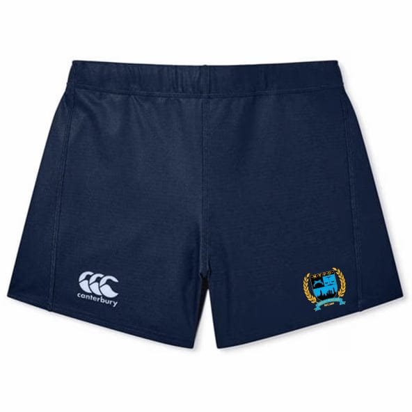 New York Police Dept. Rugby Women's Yokohama Shorts in navy blue, crafted with Vapodri fabric for optimal comfort, featuring an EMB Canterbury logo on the left and a crest on the right side.