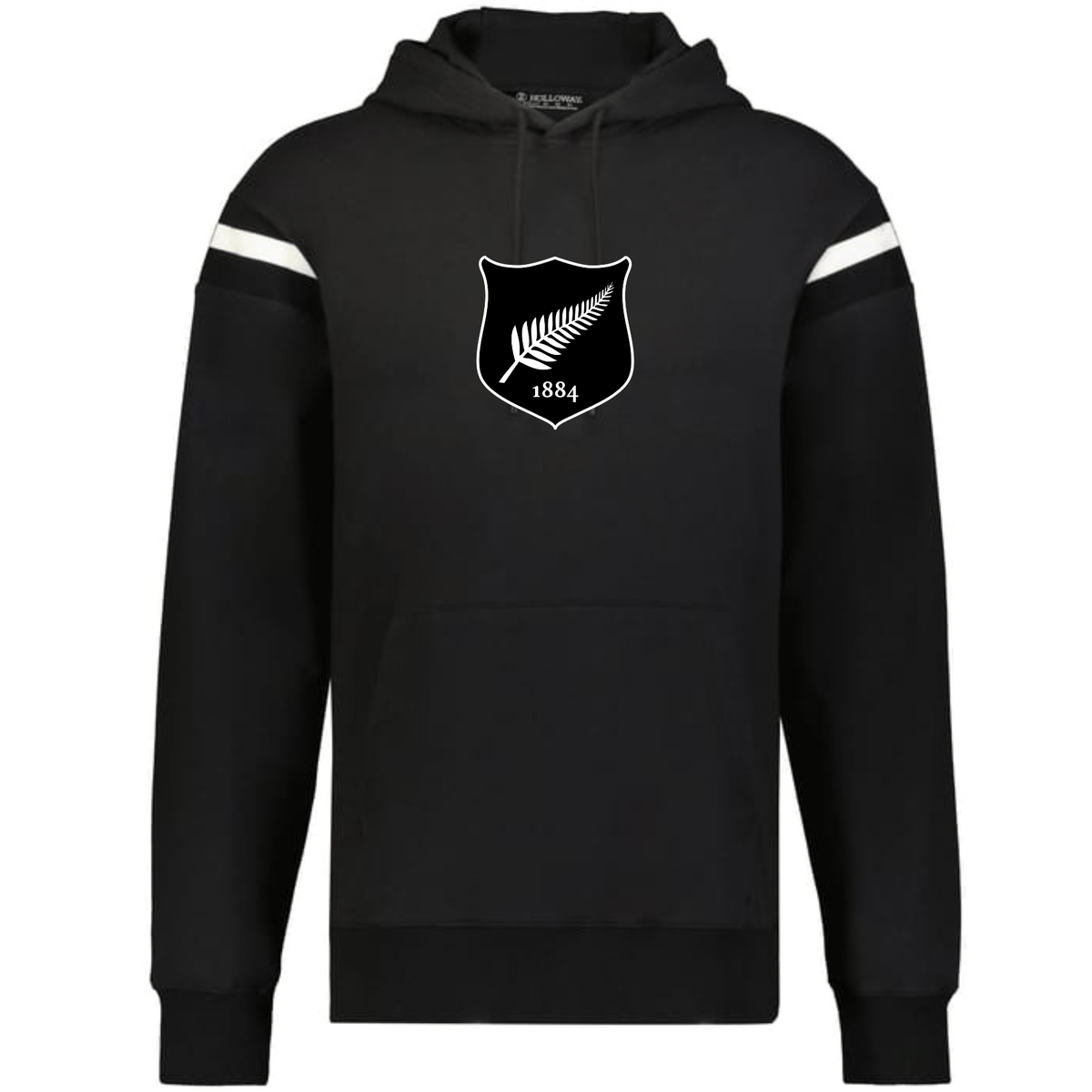 The WRS Augusta New Zealand Heritage Prep Vintage Shield Hoodie features white sleeve stripes, a white fern emblem, and "1884" on the chest for a classic New Zealand look.