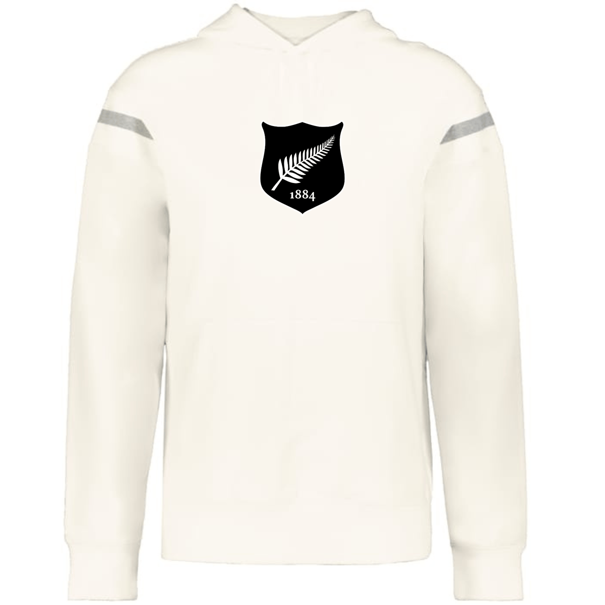The WRS Augusta New Zealand Heritage Prep Vintage Shield Hoodie is a white hoodie with a black shield emblem, white fern, and "1884" on the chest.