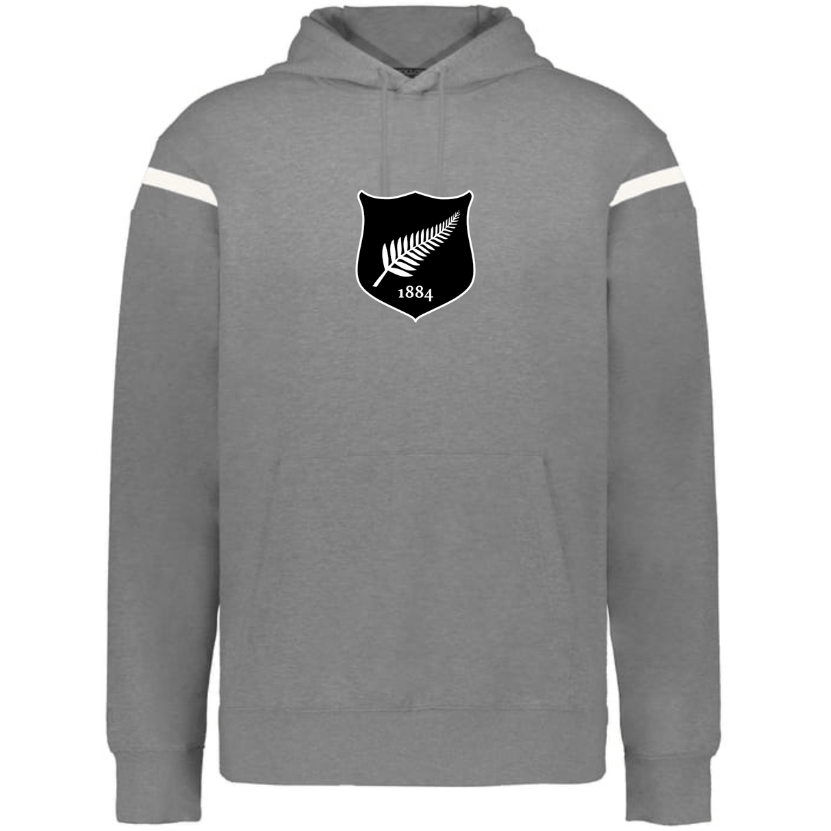 The WRS Augusta New Zealand Heritage Prep Vintage Shield Hoodie features gray fabric, white upper-arm stripes, and a black shield crest with a white fern and "1884"—ideal for fans of classic New Zealand rugby style.