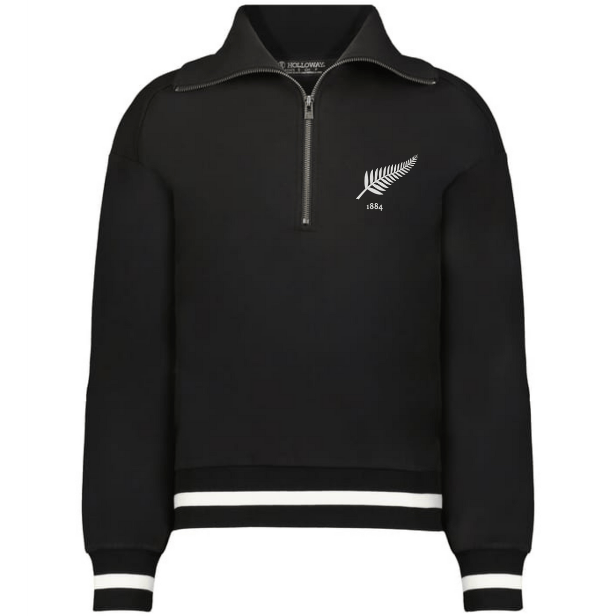 The EMB Augusta Women's Vintage New Zealand Heritage Prep Pullover is a black quarter-zip with white stripes on the cuffs and hem, featuring a white fern and "1884" on the left chest.