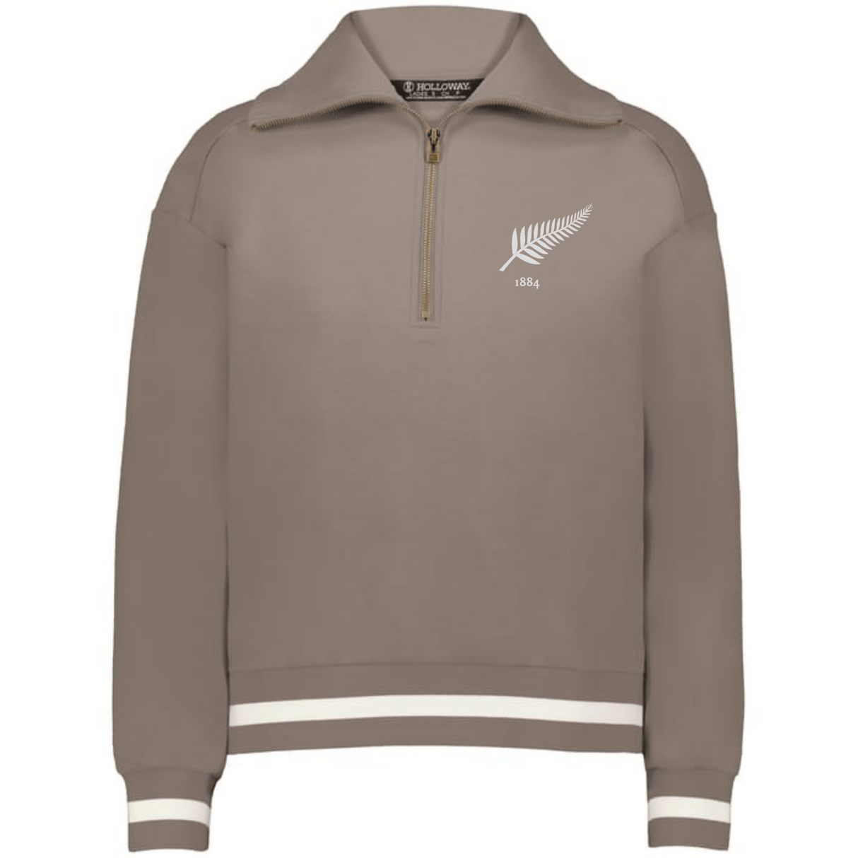 The EMB Augusta Women's Vintage New Zealand Heritage Prep Pullover features a light brown color, white fern graphic with "1884" on the left chest, and classic white stripes on the cuffs and hem for a timeless look.