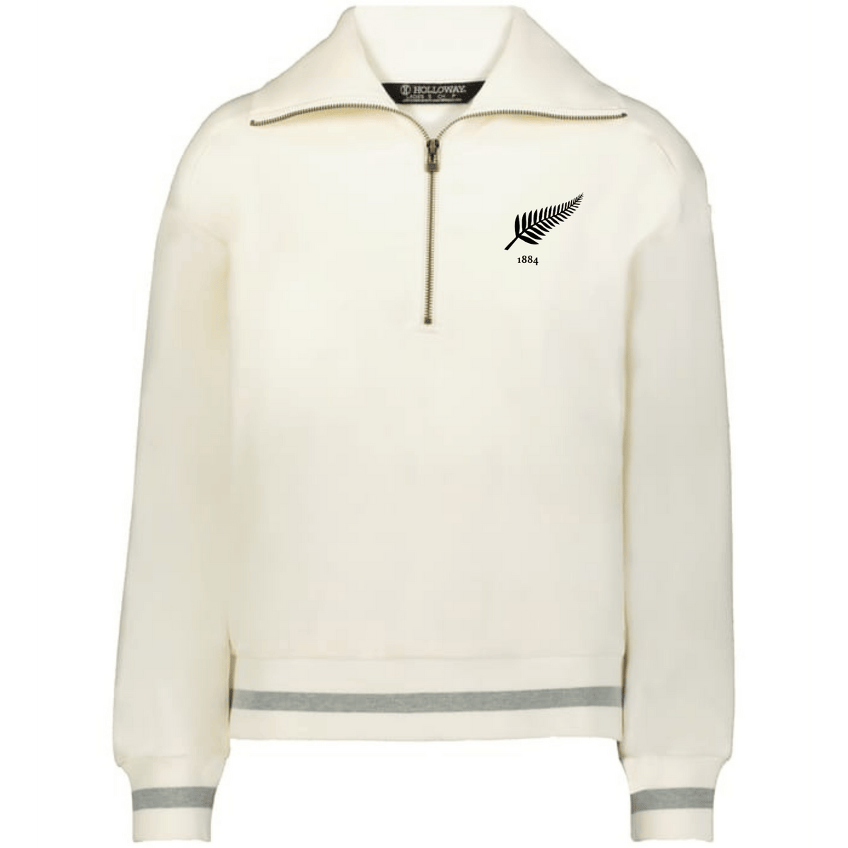 The EMB Augusta Women's Vintage New Zealand Heritage Prep Pullover is cream-colored with gray striped cuffs and hem, featuring a black fern leaf and "1841" on the left chest—blending classic style and timeless details.