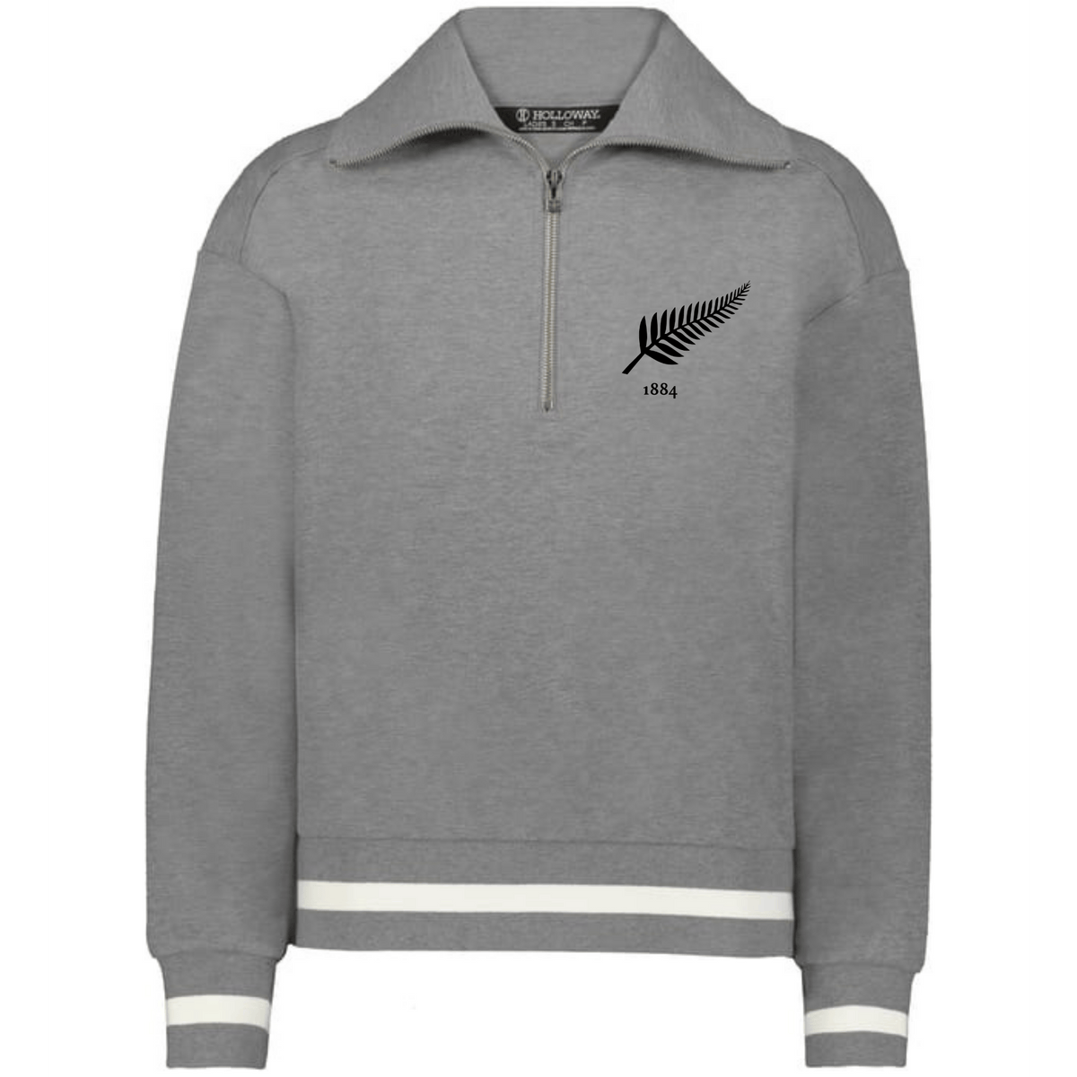 The EMB Augusta Women's Vintage New Zealand Heritage Prep Pullover features a gray quarter-zip design with white stripe accents, a black fern logo with "1884" on the left chest—capturing an iconic heritage style.
