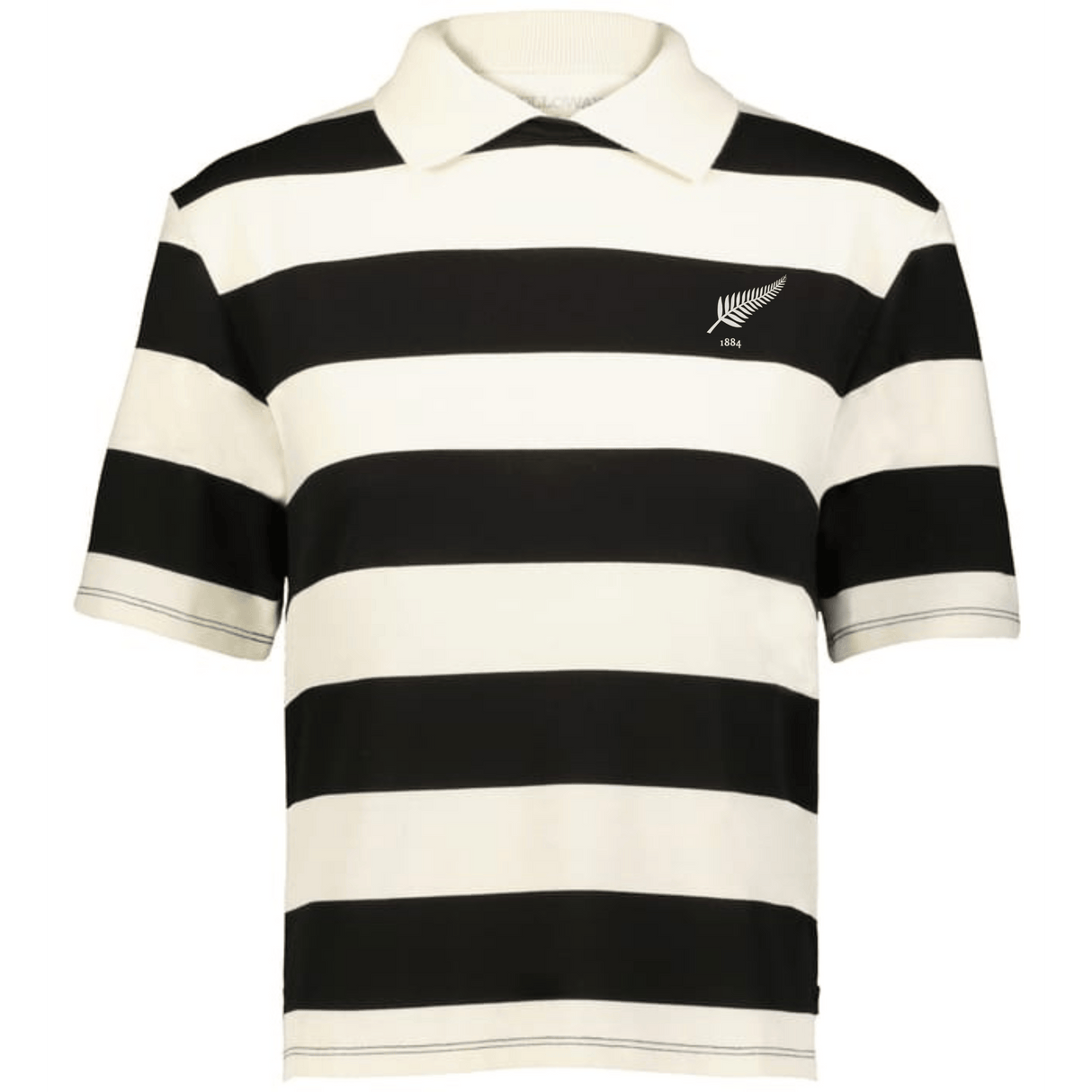 The EMB Augusta Women's Vintage New Zealand Prep Street Rugby Crop features black and white stripes, a collar, and a white fern logo on the left chest—perfect for a prep street rugby look.