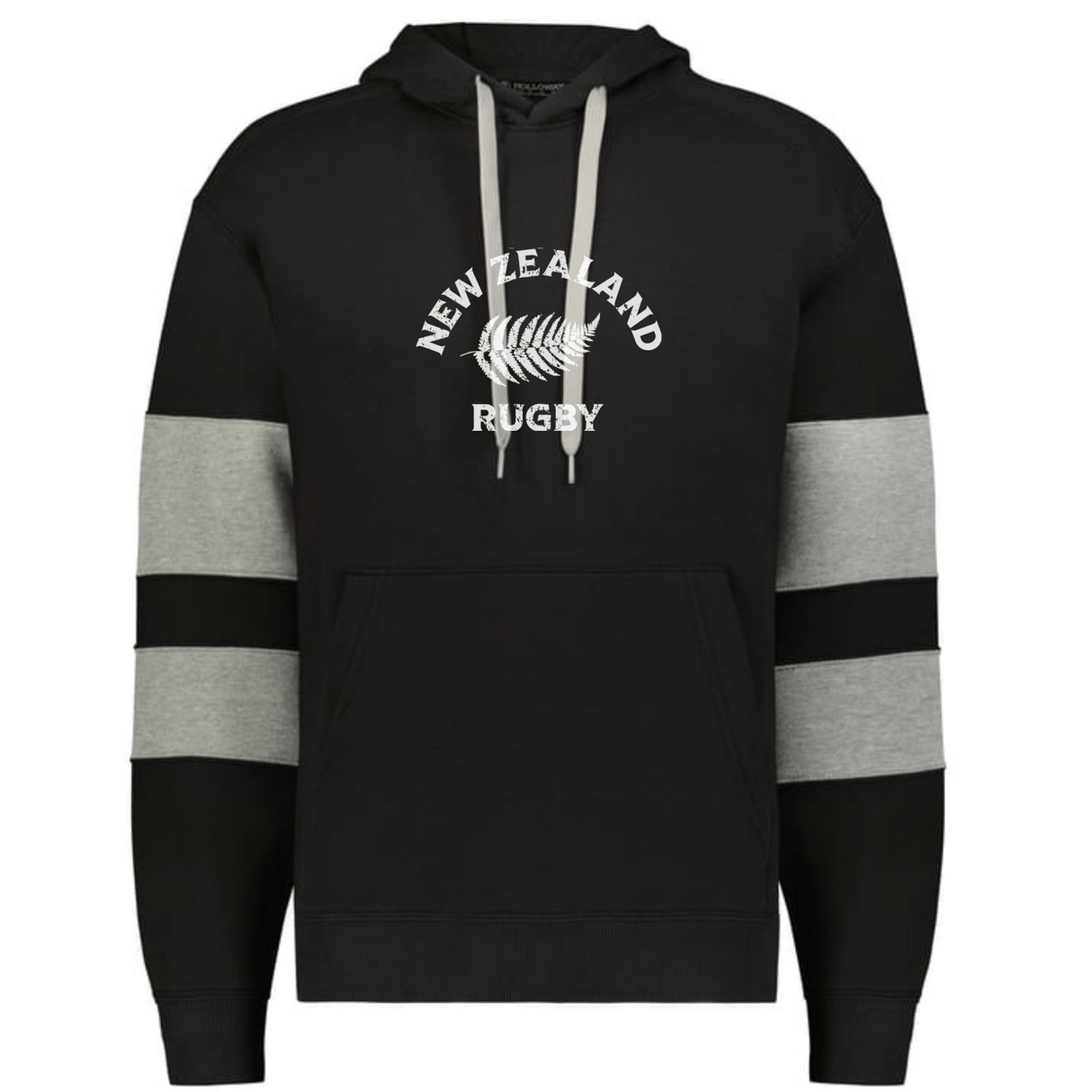 The WRS Augusta Nations of Rugby New Zealand Jackson Way Hoodie features light gray drawstrings and sleeve stripes, plus a white fern and "NEW ZEALAND RUGBY" print—a must-have for rugby fans.