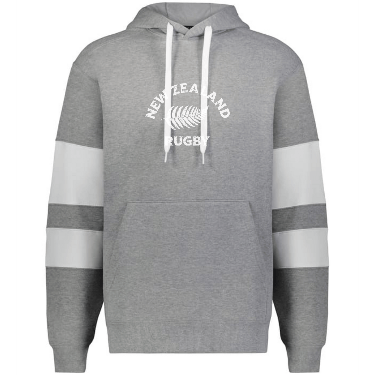 The WRS Augusta Nations of Rugby New Zealand Jackson Way Hoodie features a gray design with white drawstrings, white sleeve stripes, and "New Zealand Rugby" plus a fern logo printed on the chest.